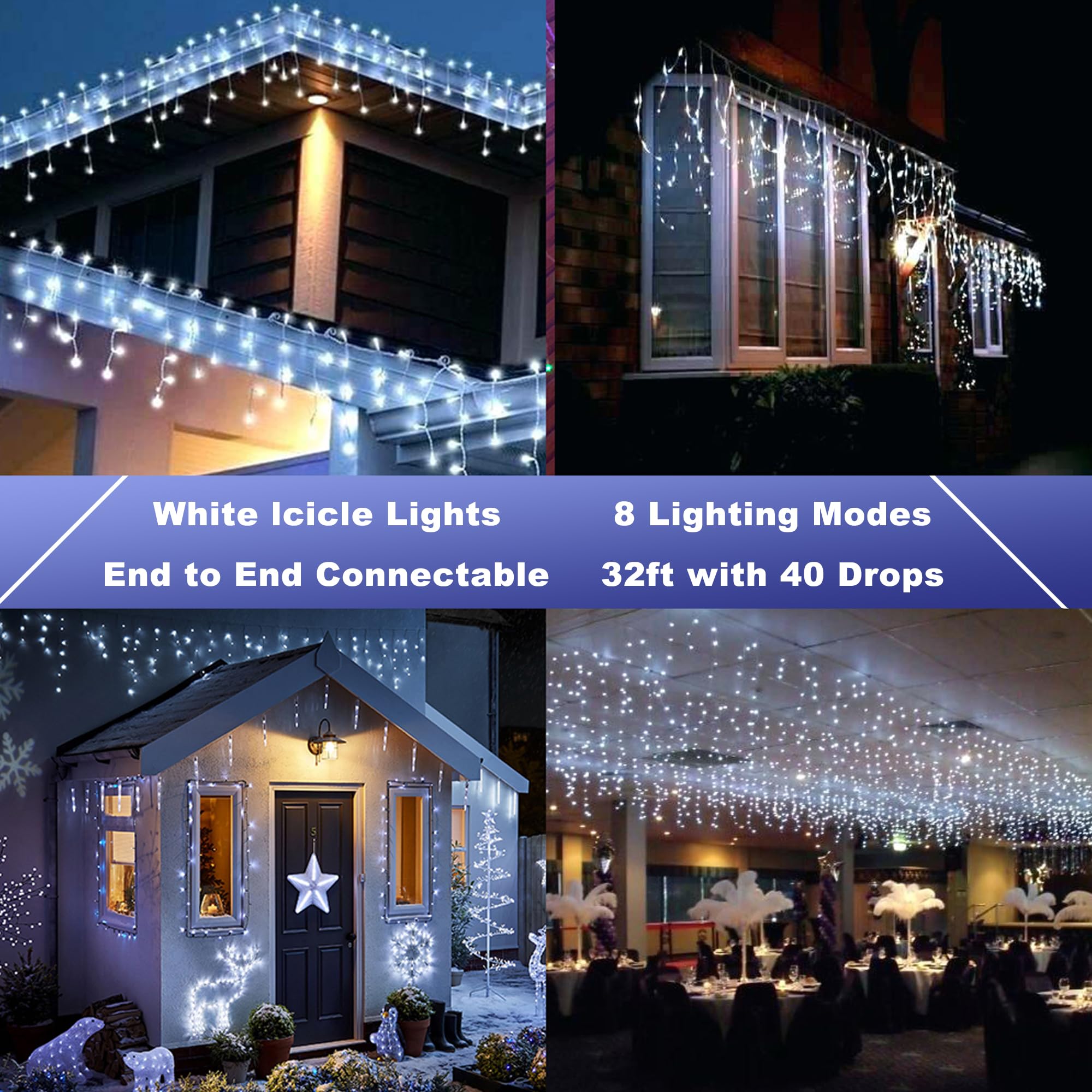 Joomer Christmas Icicle Lights, 32FT, Waterproof, 8 Modes, White, Model SSL0200-I-24V