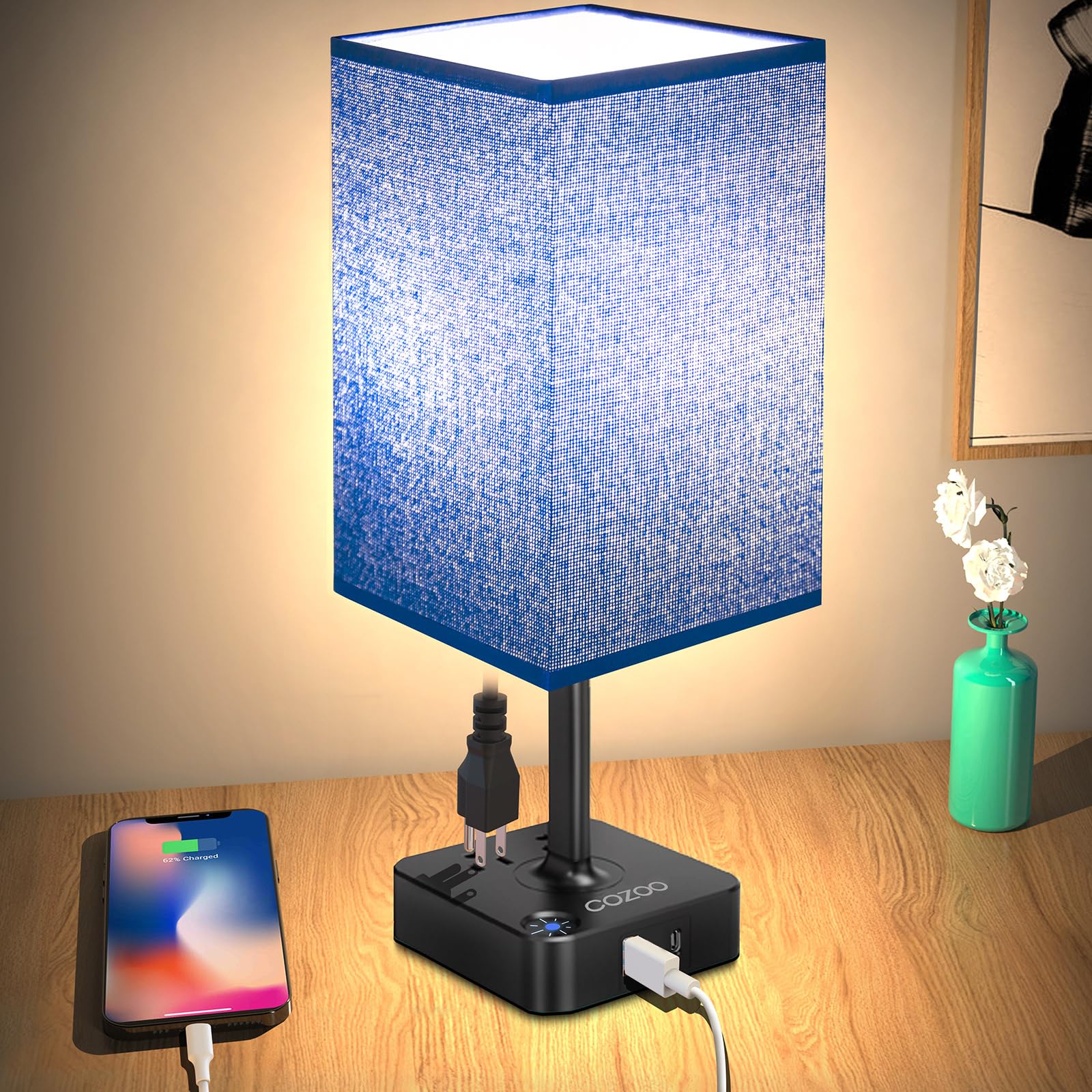 Dimmable Table Lamp with Blue Shade Bedside Lamp with Light Bulb,2 USB C+A Ports and Dual AC Outlets,3 Way Dimmable Touch Small 