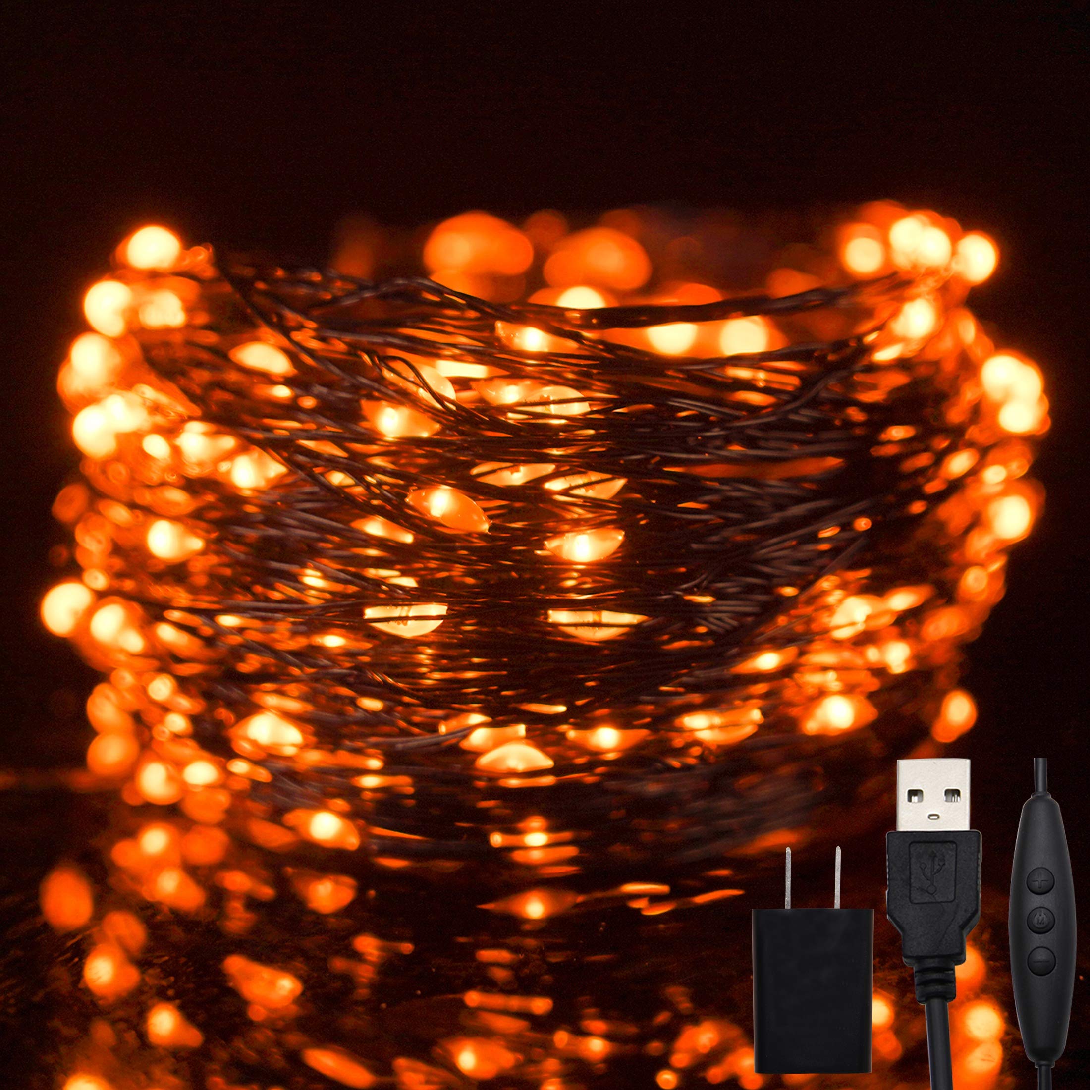 Twinkle Star 200LED 66ft Copper String Lights Dimmable Control USB Fairy Lights for Indoor Outdoor Bedroom Home Lighting Wedding Christmas Halloween Decorations, Black Wire, Orange