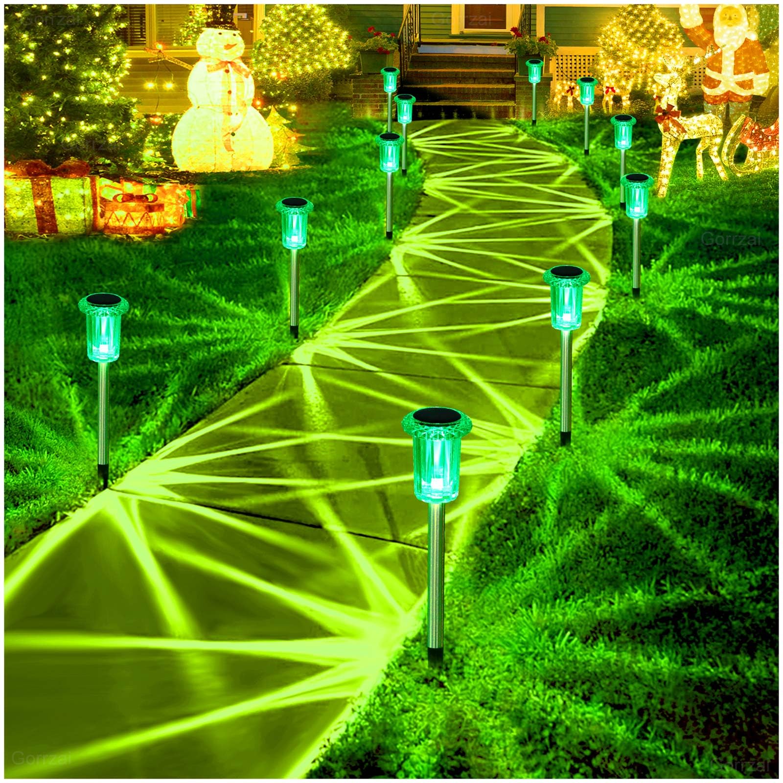 Gorrzai 10 Pack Solar Pathway Lights - Waterproof Green Outdoor Halloween Decorations