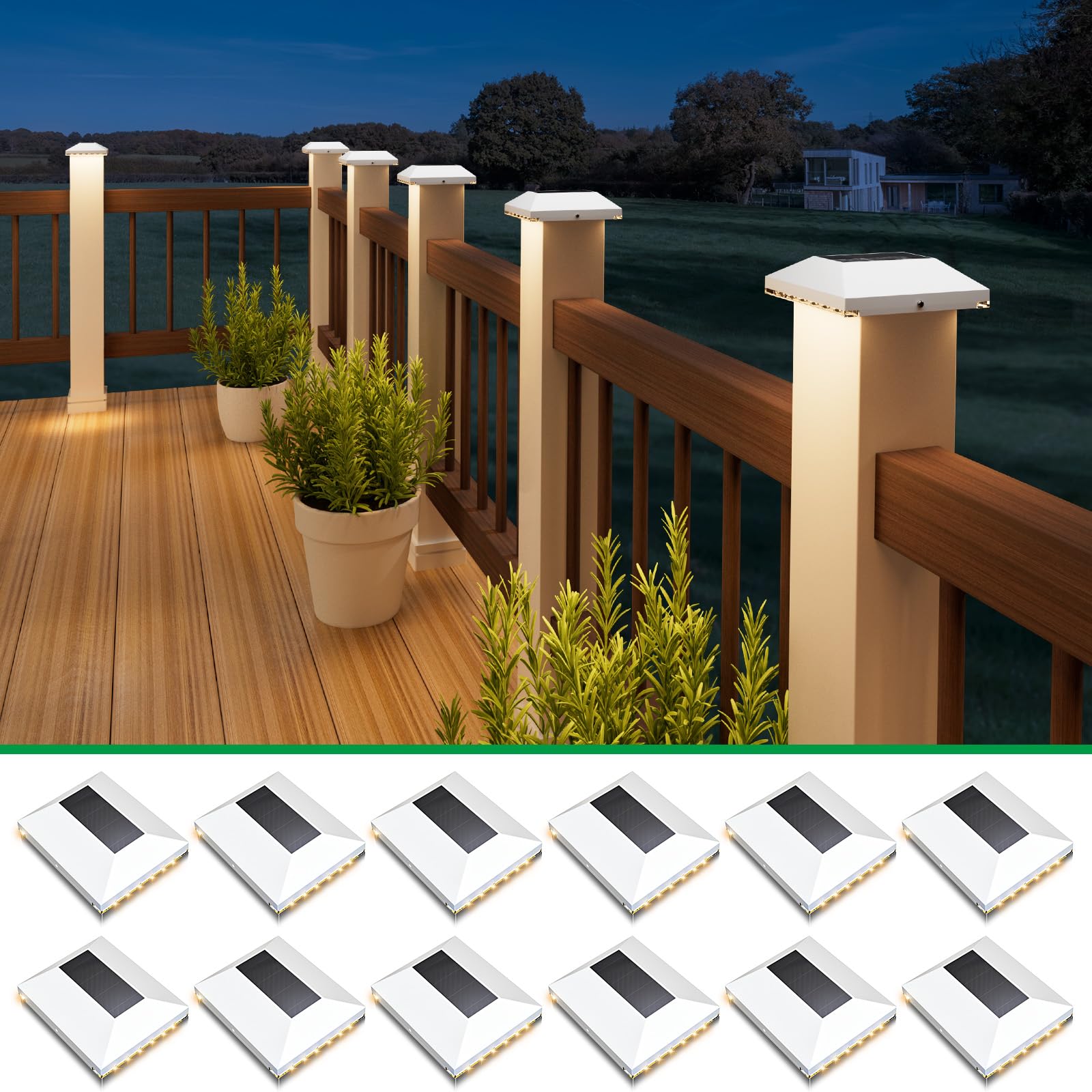 Solar Post Cap Lights Outdoor 12pack - Waterproof Solar Fence Post Lights Fit 4x4 Wooden/Vinyl Posts, White Solar Deck Post Ligh