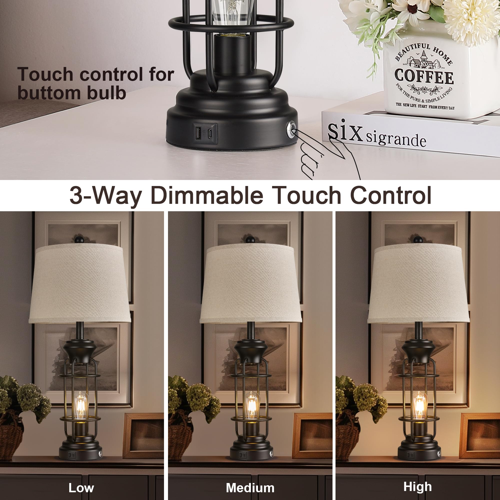Bzzmmb Black Table Lamps Set Of 2, 28.5'' Farmhouse Lamps For Living Room With Usb C+A Ports, Touch Lamps For Bedroom, Led Bulbs