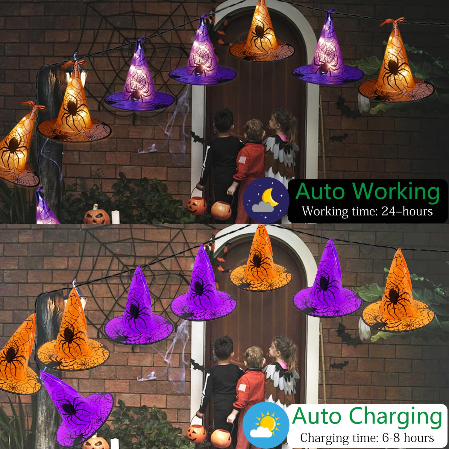 Xingpold Outdoor Solar Witch Hat String Lights - 8 Glowing Hats, 33 FT, 8 Modes, Waterproof for Halloween Decor