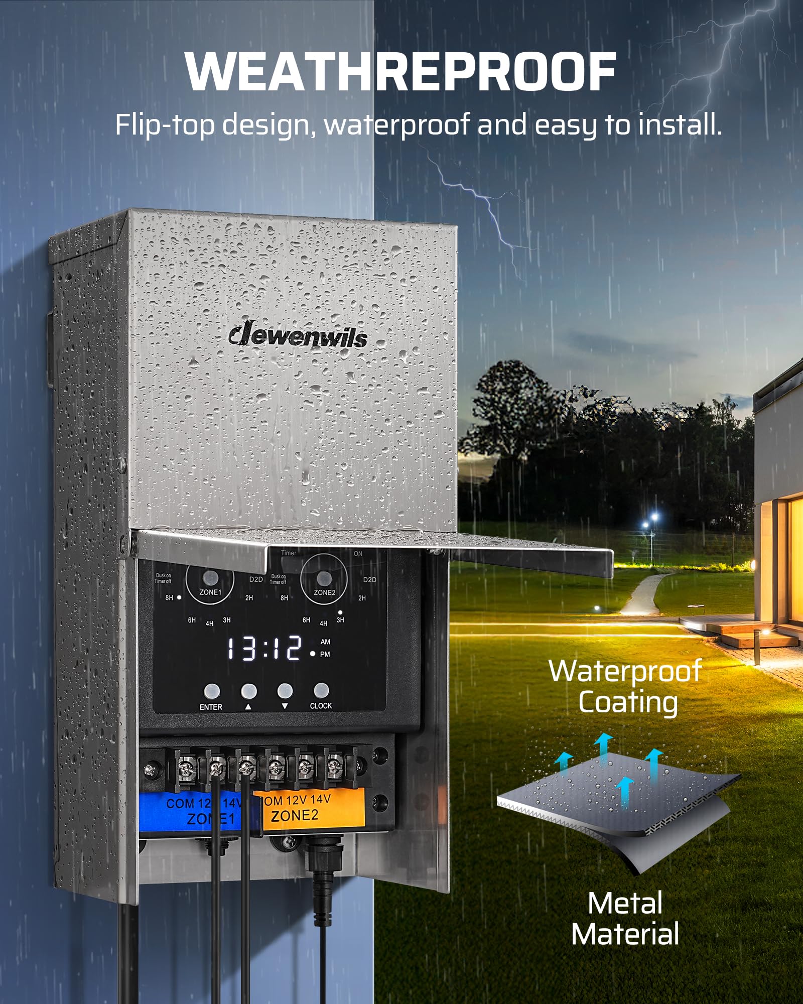 DEWENWILS 200W Low Voltage Landscape Lighting Transformer, 120V to 12V/14V, Weatherproof with Photocell & Timer, Model AL200-12-S