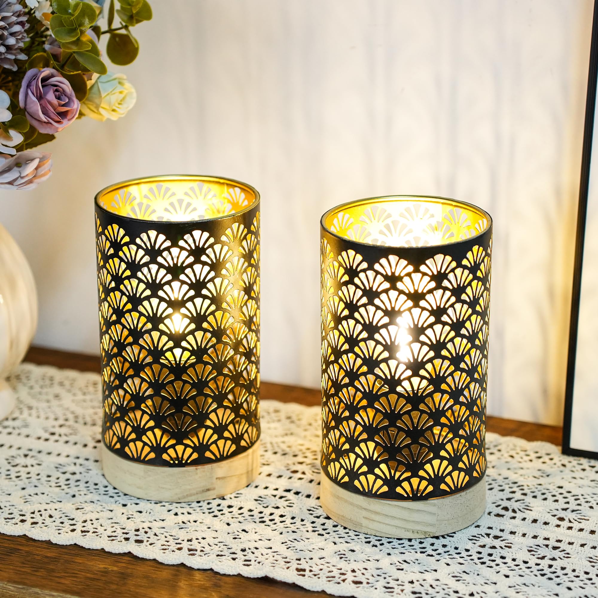 Jhy Design Set Of 2 Metal Battery Powered Lamps 7.5''H Accent Cordless Lamps With 6-Hours Timer For Weddings Party Patio Garden