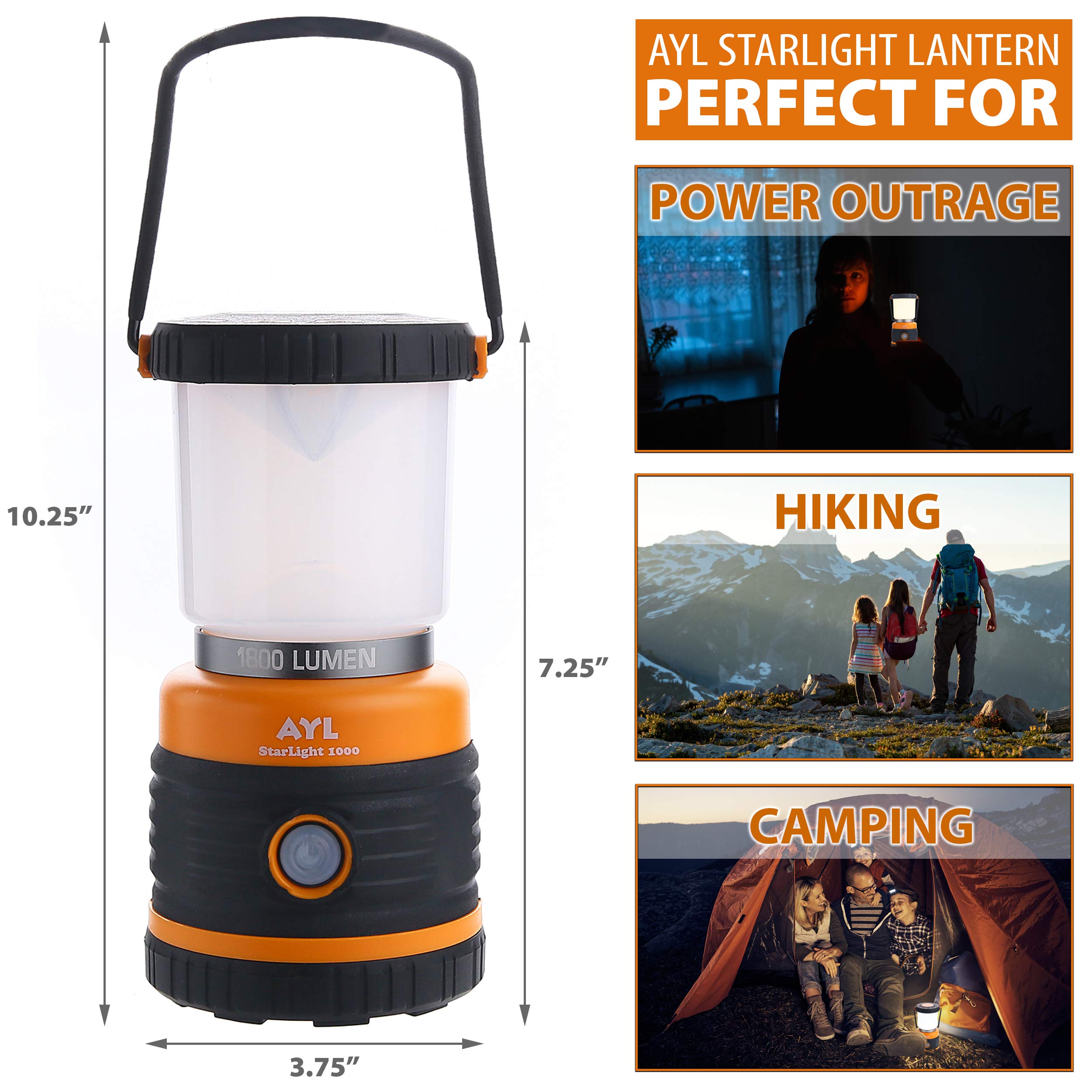 AYL LED Camping Lantern - 1800LM, Battery Powered, 4 Light Modes, Orange, Model SL10002Pack, Perfect for Emergencies & Outdoor Activities