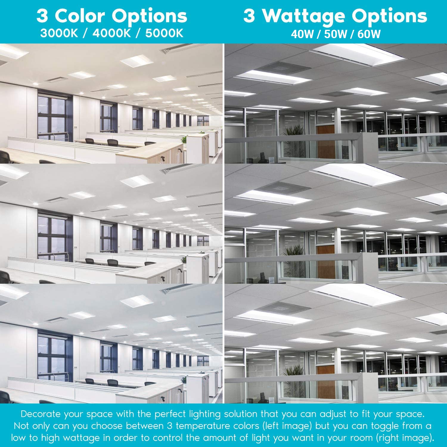 2X4 Ft Center Basket Led Troffer Panel Light, 40/50/60W, 3 Color Options 3000K | 4000K | 5000K, Dimmable Drop Ceiling Lights, 5000/6250/7500 Lumens, Damp Rated, 120-277V, Dlc Premium (4 Pack)