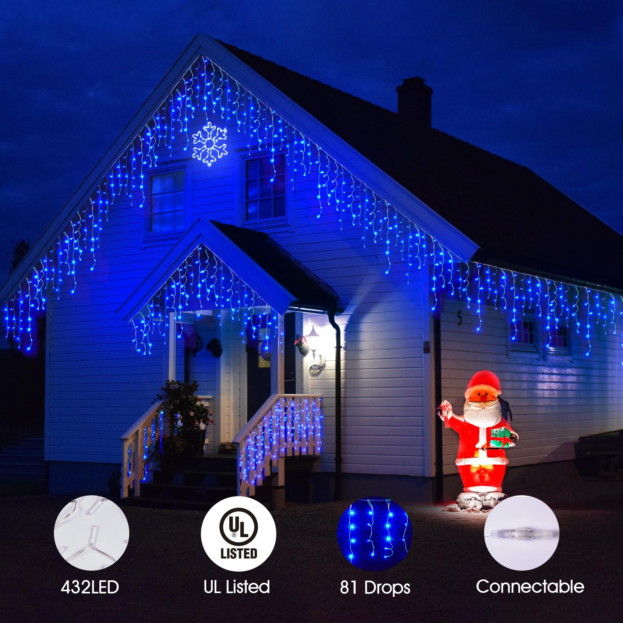 Wbao Icicle Lights Outdoor, 432 Led 33Ft Christmas Lights With 81 Drops, Remote Control, 3 Timer Settings, 8 Modes, Waterproof,