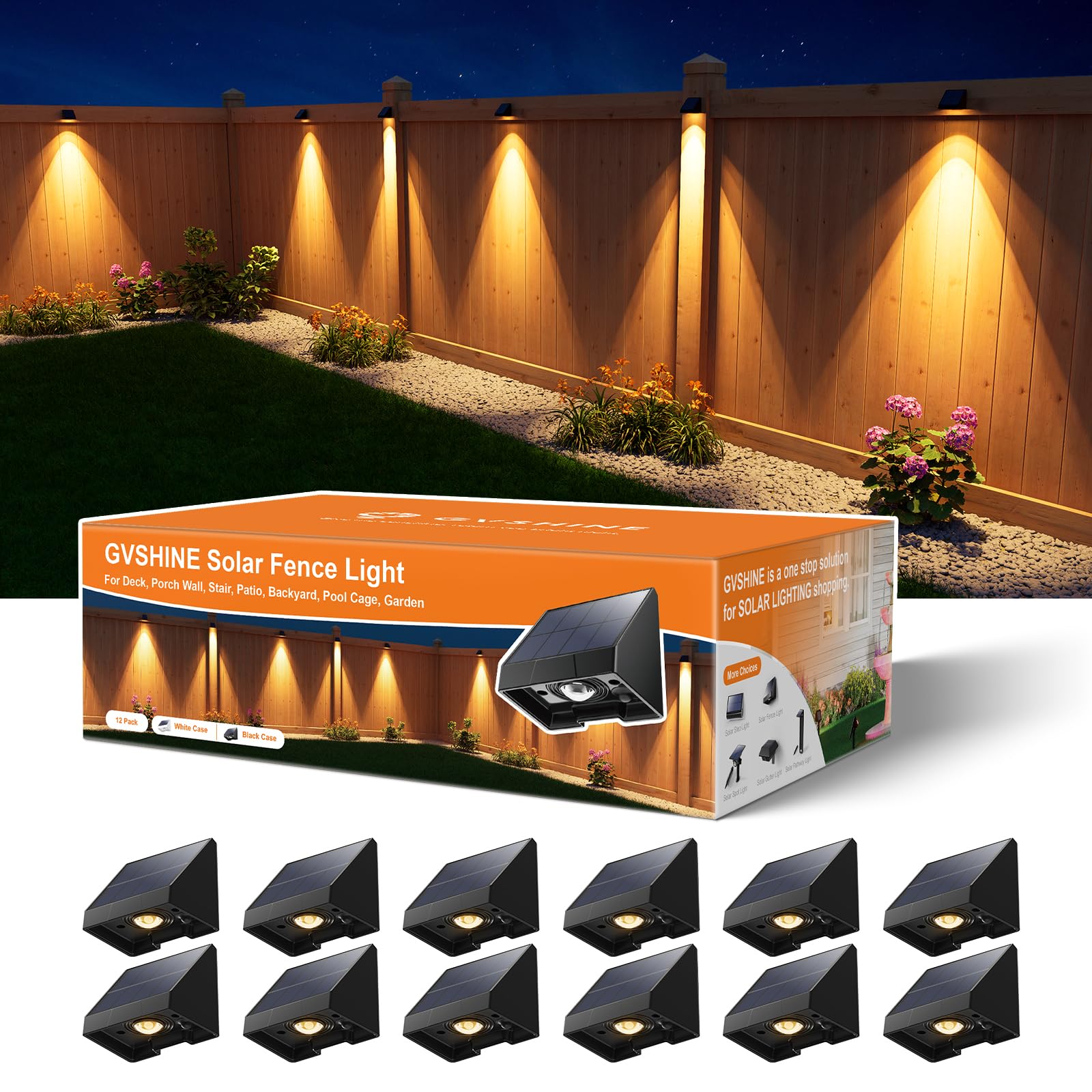12 Pack Decorative Solar Powered Fence Lights Outdoor Waterproof with Warm White LED Spot Lens, for Outside Wall, Deck, Patio, Y