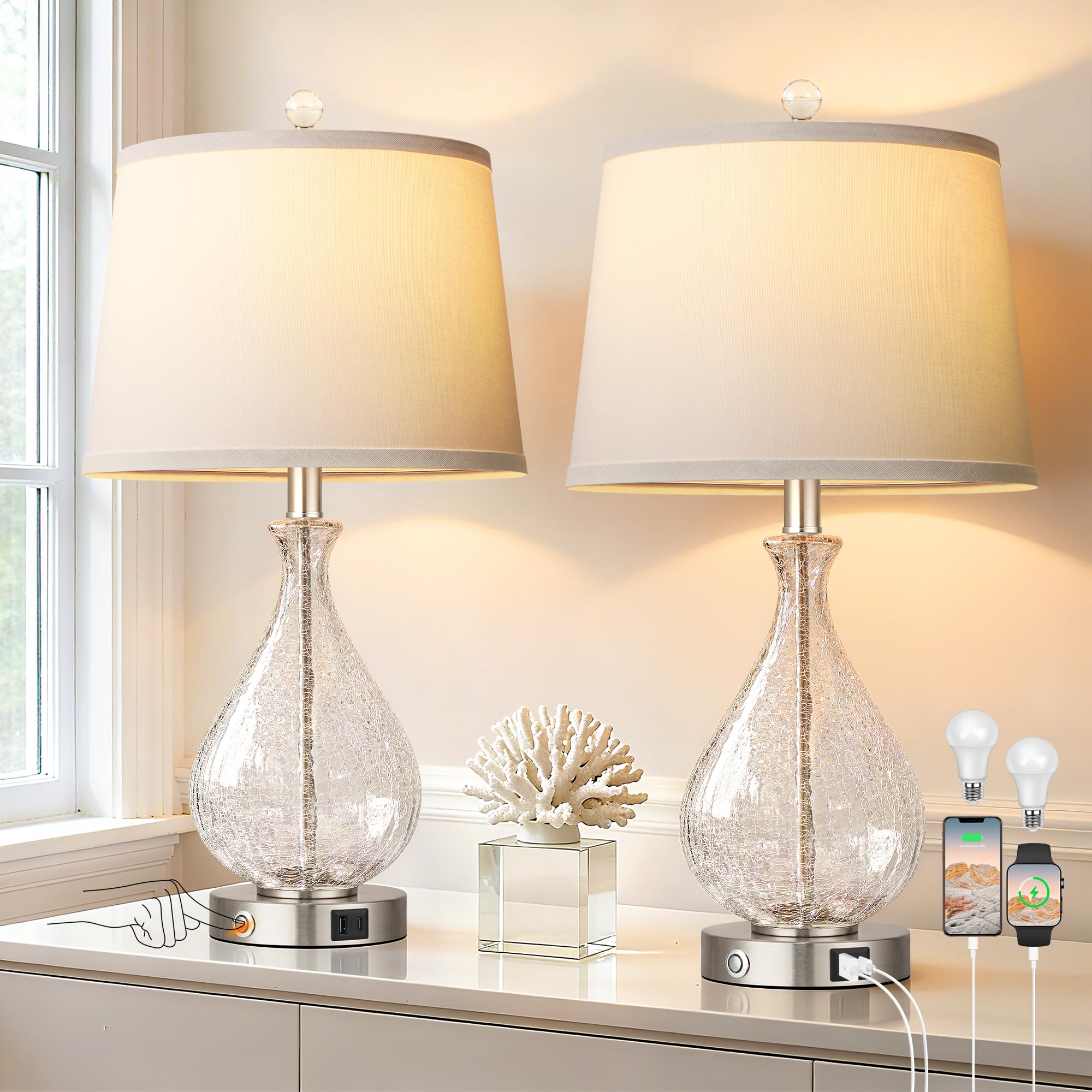QiMH Glass Table Lamps for Living Room  Bedside Lamps Set of 2 with USB A+C Charging Ports  3 Way Dimmable Touch Lamps for Nightstand  22.5 Modern Table Lamp for Bedroom Office  LED Bulbs Included