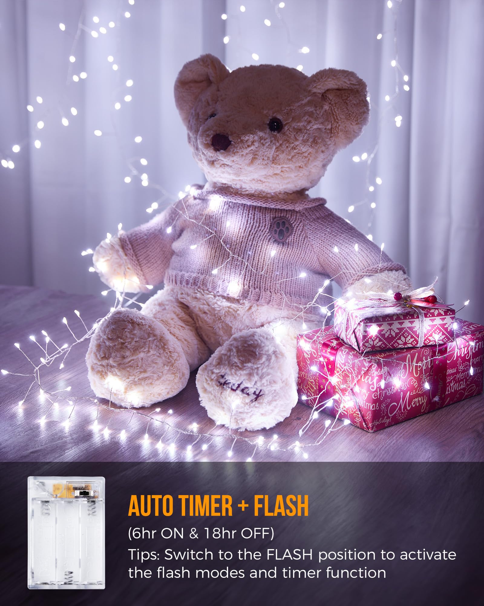 10Feet Battery Operated Fairy Lights, 120Leds Firecracker String Lights Waterproof Silver Wire Starry Firefly Lights For Diy Wreath Home Weeding Indoor Outdoor Christmas Decorations, Pure White