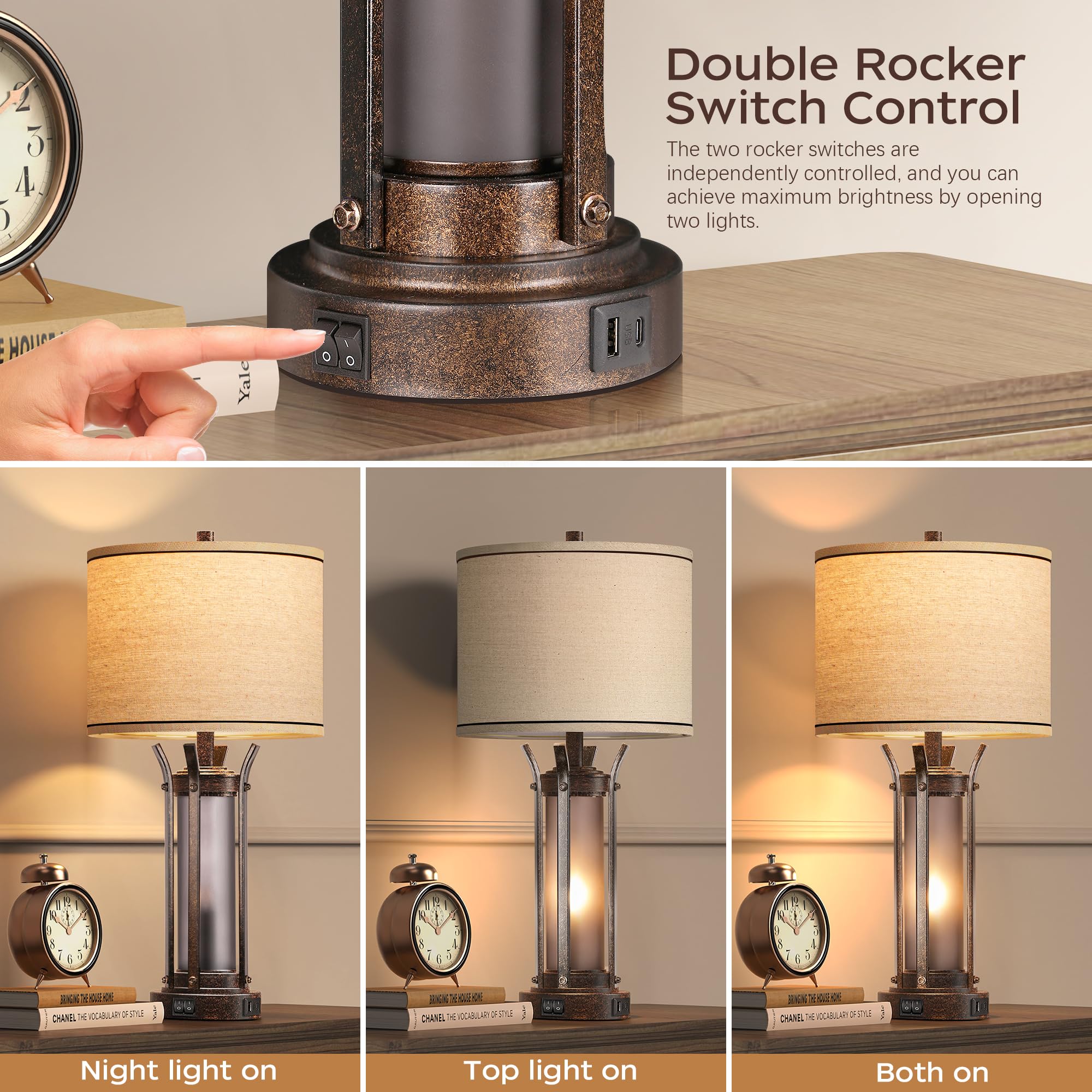 QiMH Rustic Farmhouse Table Lamps with USB Charging Ports, Frosted Glass Night Light, Bronze Finish, 4 Bulbs Included, Model STR-DL-0199