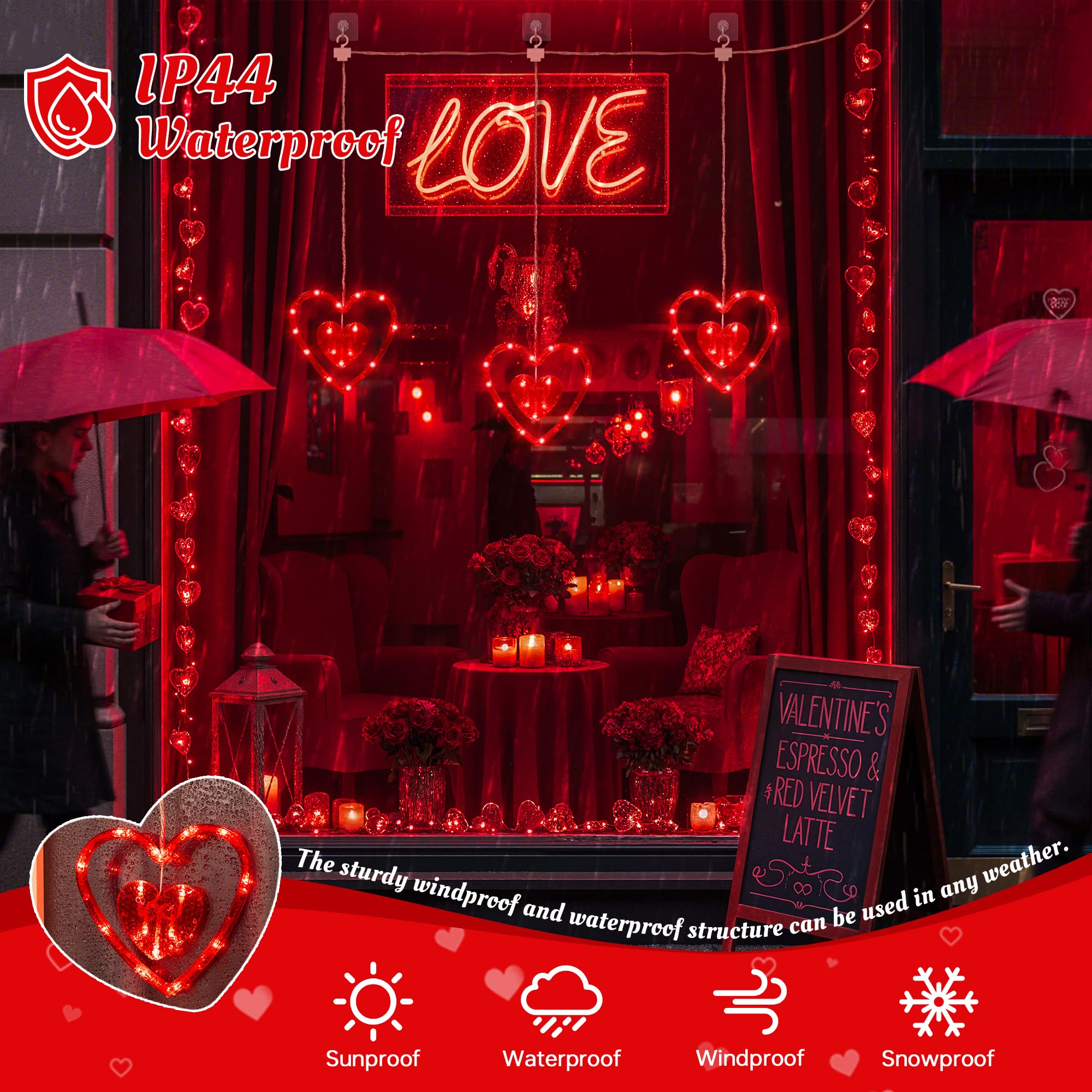 Hopolon Valentines Day Window Lights 2Ft 45Led Red Heart Valentines Day Decorations Lights Battery/Usb Operated Light Waterproof  8Modes&Timer For Indoor Outdoor Holiday Home Wall Door Decor(4Hooks)