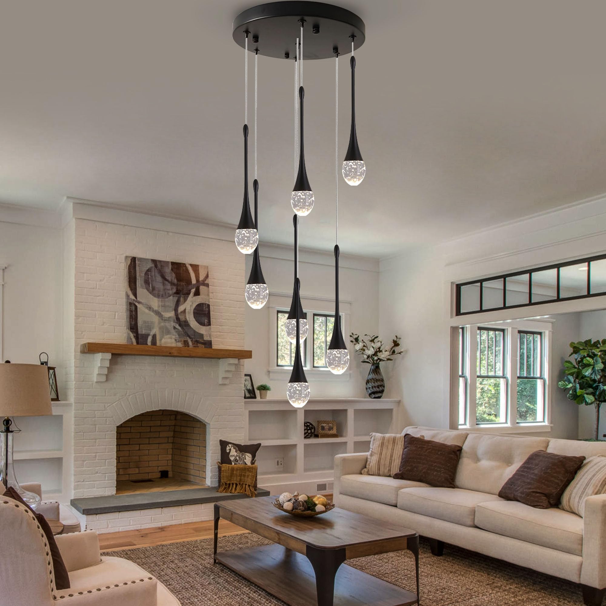 Upfelw Modern Crystal Chandelier - 7-Lights, Dimmable LED, Black, H60in  High Ceiling, Model UCC-B07-0436