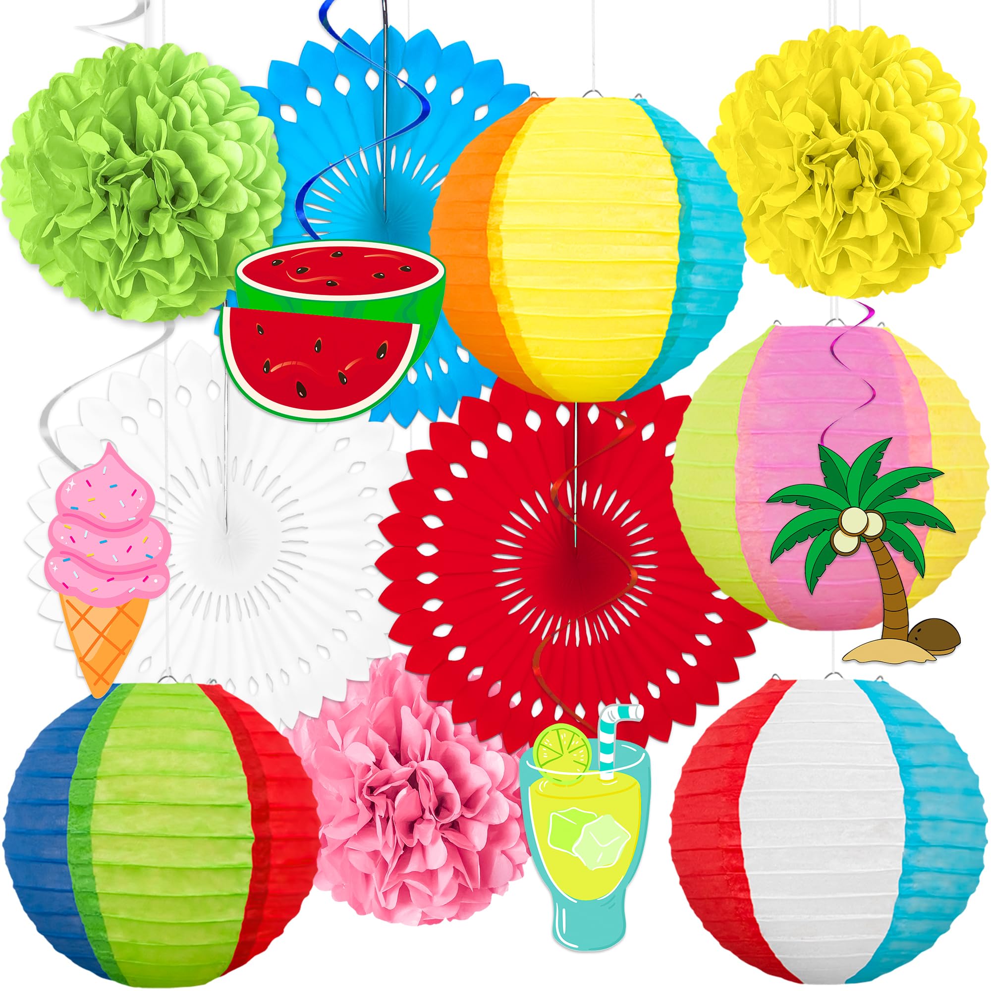 14Pcs Beach Party Decorations Paper Lanterns Fans Pom Poms Hanging Swirls - Luau Pool Summer Hawaiian Tropical Themed Decor For 