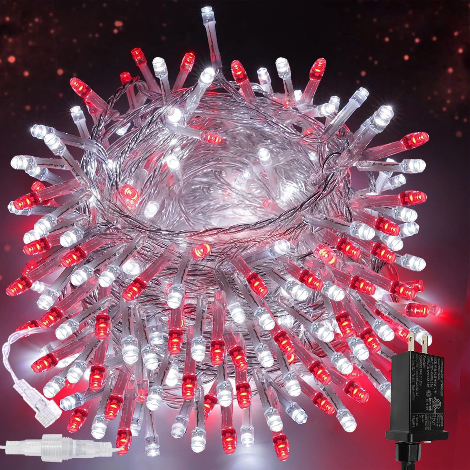SANJICHA Extra-Long 200 LED String Lights, Waterproof Fairy Lights for Indoor/Outdoor Use, Red & White, Model MLS-D29V6WUC-O