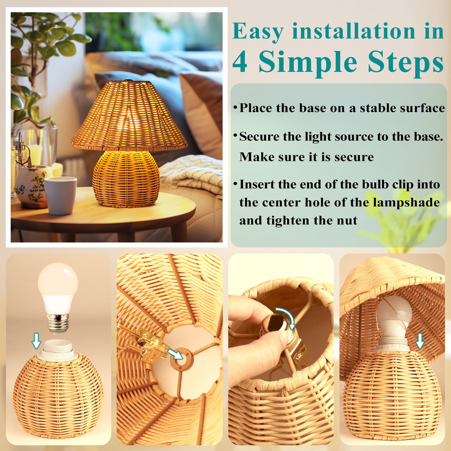 WERFOP Bamboo Table Lamp, Handmade Rattan Nightstand Lamp, Small, Brown, Model Bamboo Shadow S1, Adjustable Color Options