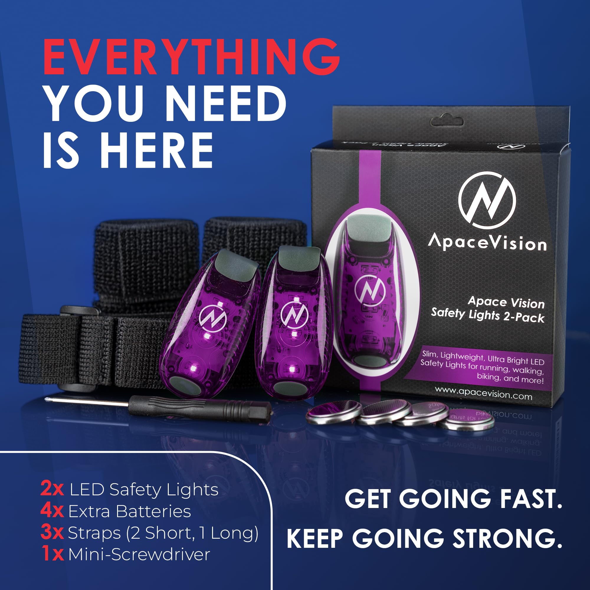 Apace Vision LED Safety Light - Clip On Strobe Running Lights, Purple, Model AVSL1000, High Visibility for Runners, Dogs, Bikes, and More