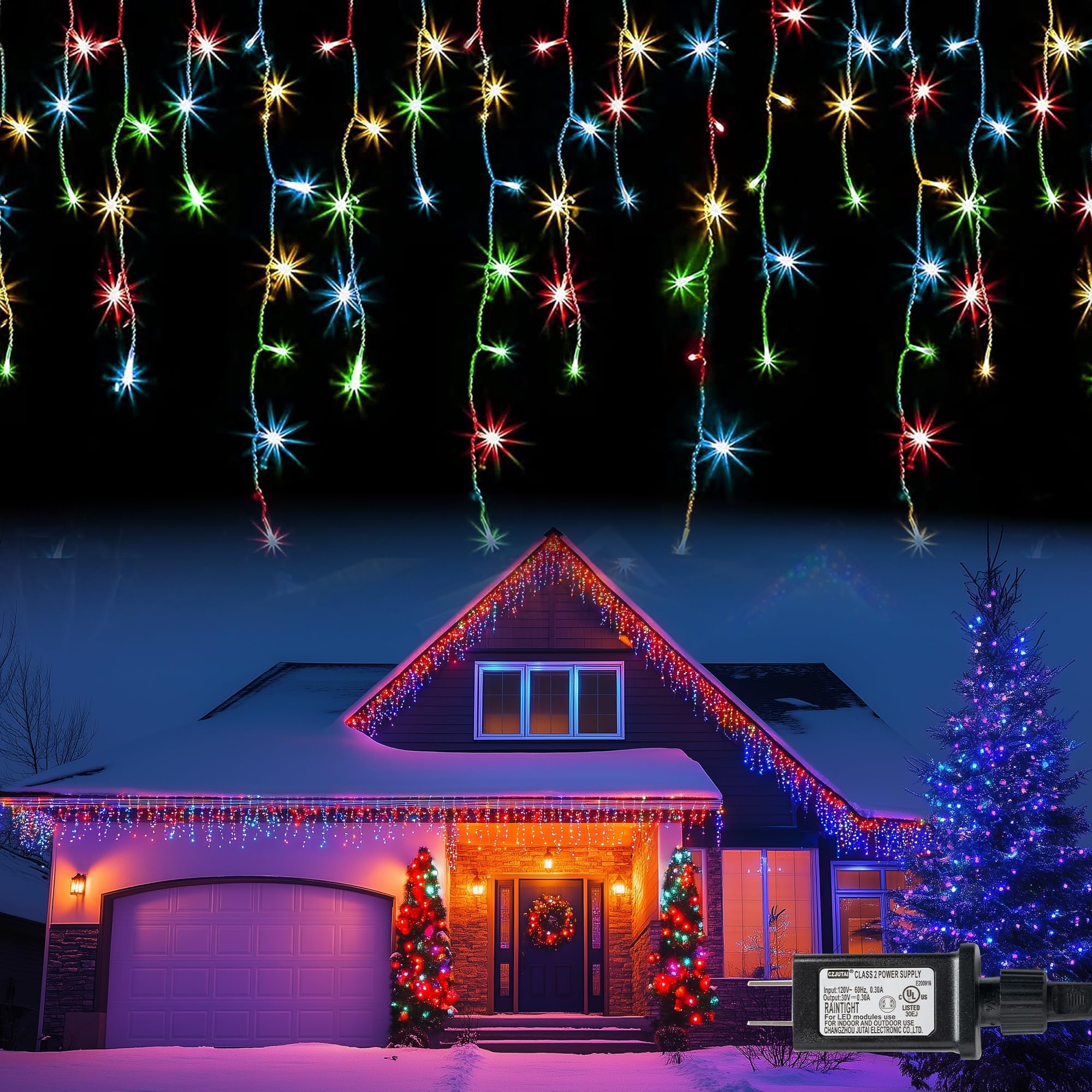 Dazzle Bright Christmas Icicle Lights, 1080 LED, 88.5 FT, Multi-Colored, 8 Modes, Model HB-360BCOI