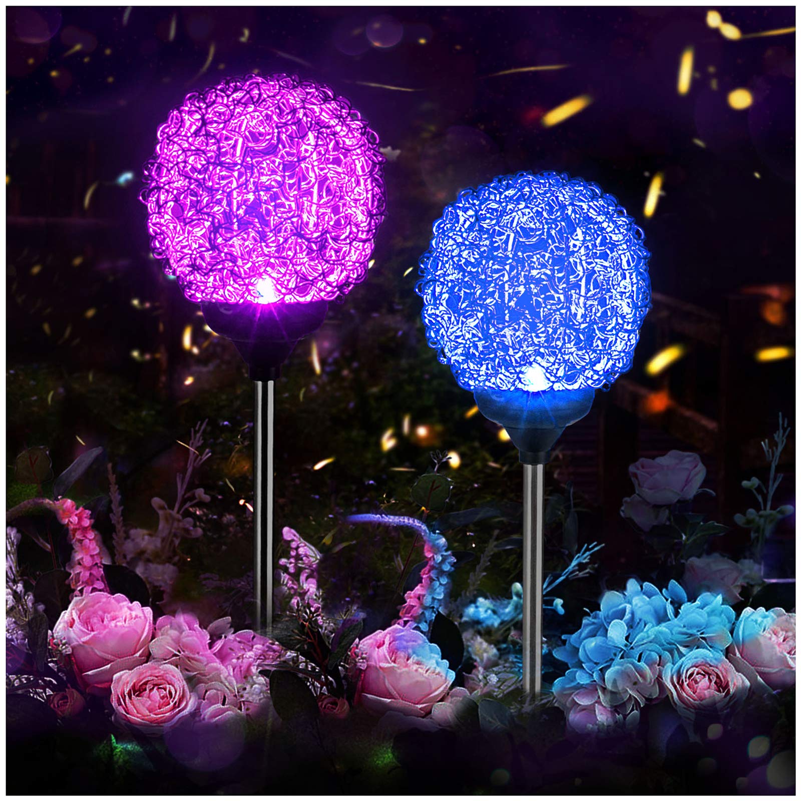 MMHF Solar Garden Lights - Upgraded Globe LED Stake Lights, Multi-Color, 2 Pack, Stainless Steel