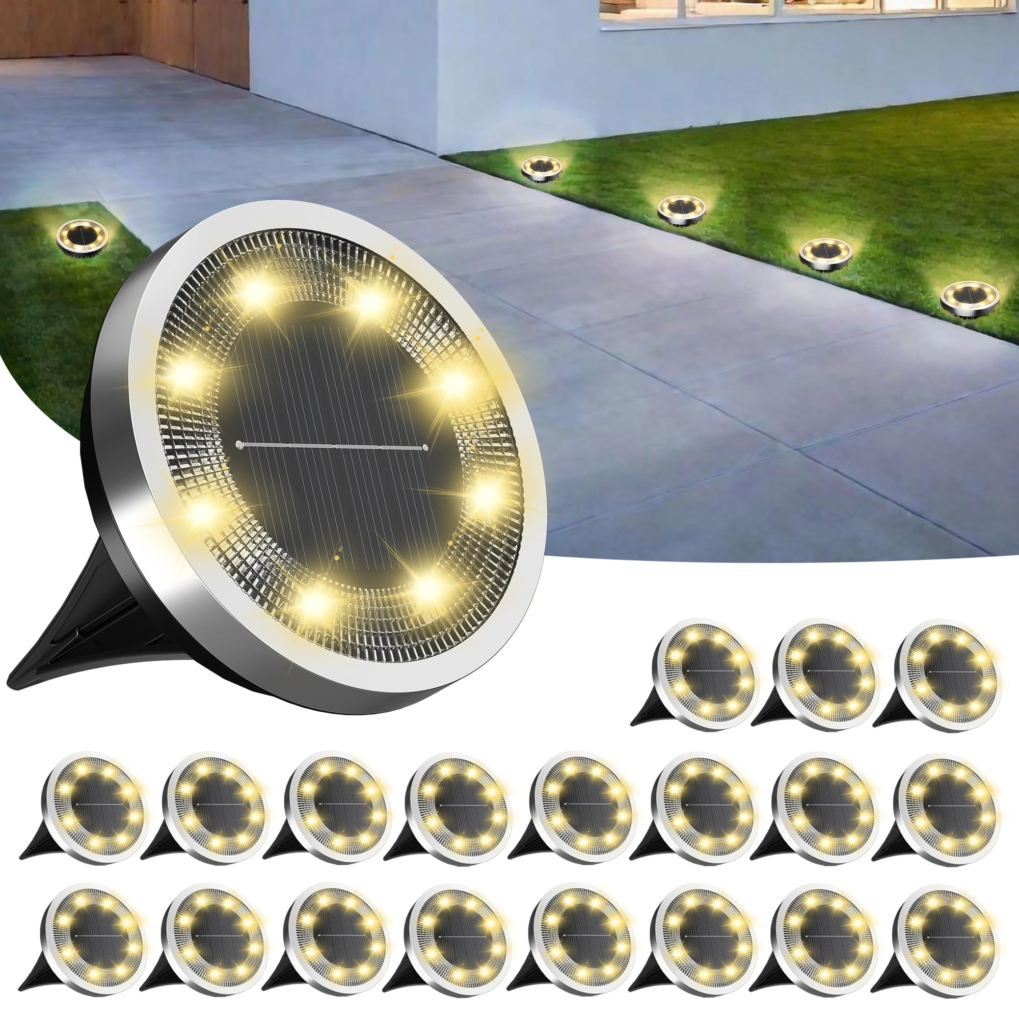 INCX Solar Ground Lights, 20 Pack Waterproof Outdoor Landscape Lighting, Stainless Steel, Warm White, Model minidmd