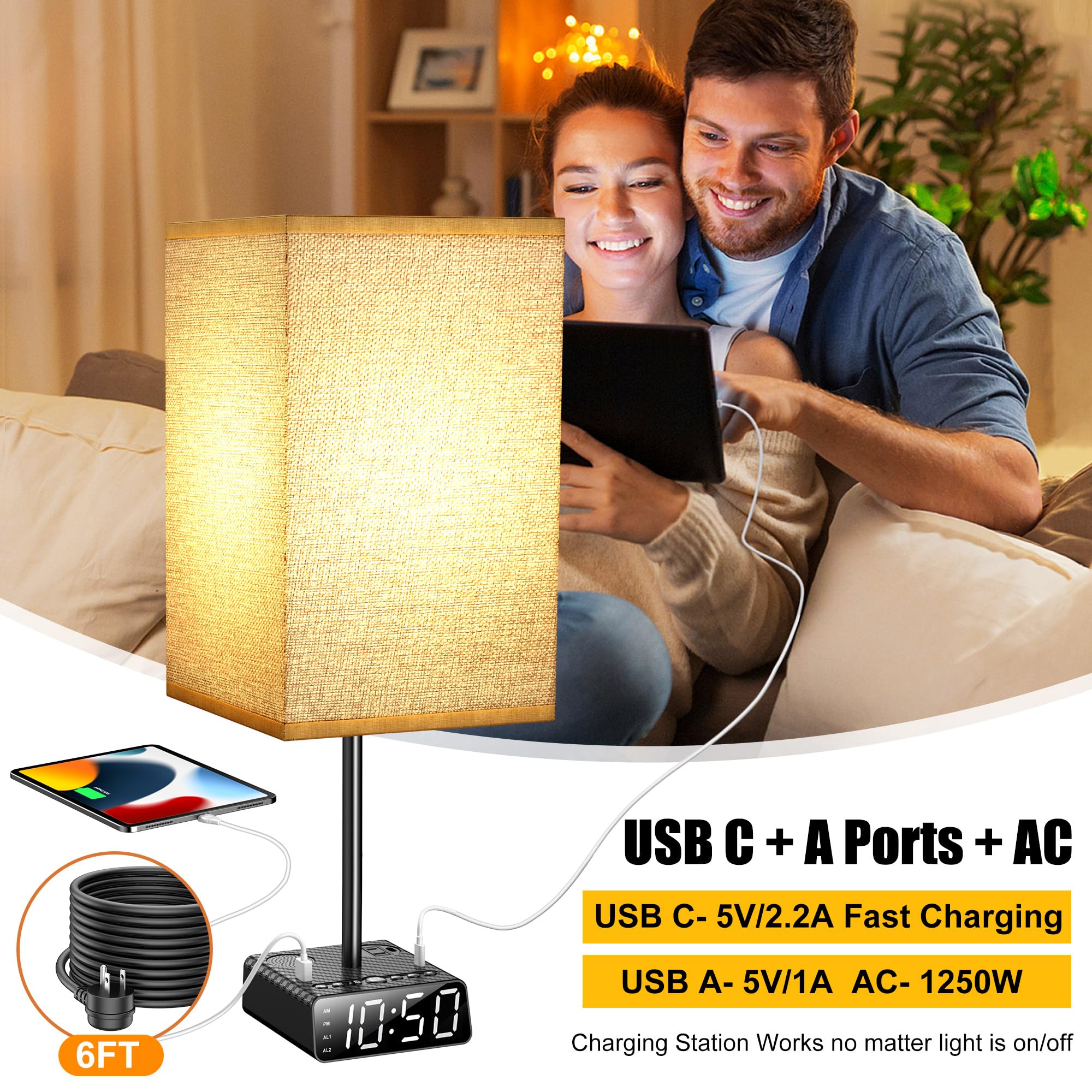 Yostyle Table Lamp With Alarm Clock Base, Bedside Lamp,2 Usb & 1 Ac Power Outlets, Fm Radio & Speaker 6Ft Extension Cord - Squar