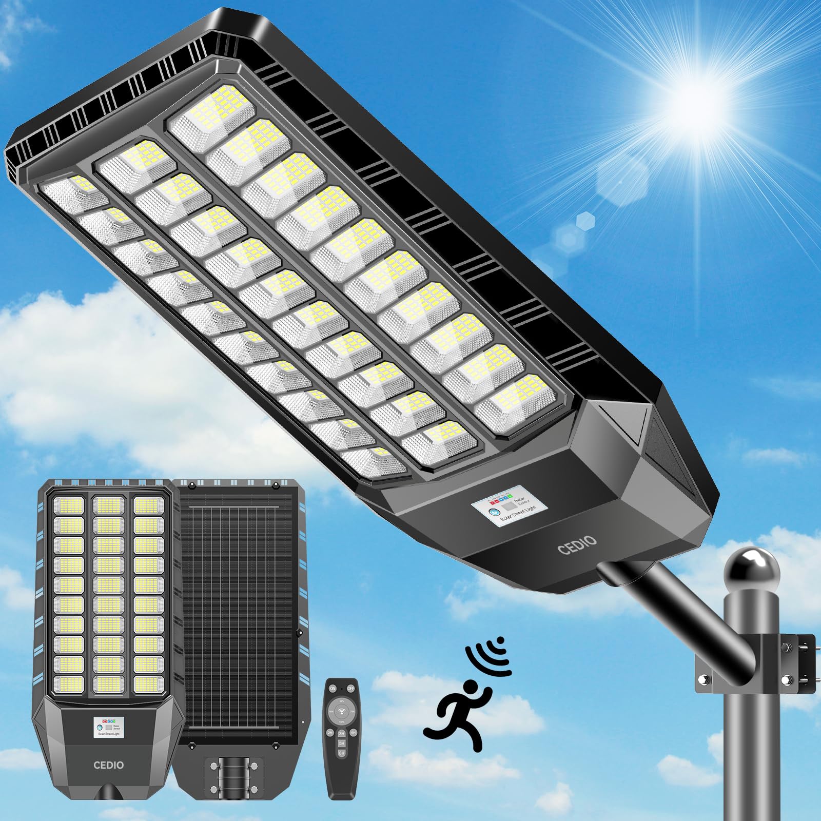 CEDIO Outdoor Solar Street Lights, Solar Lights IP66 Waterproof LED Street Light Dusk to Dawn, Flood Light with Motion Sensor fo