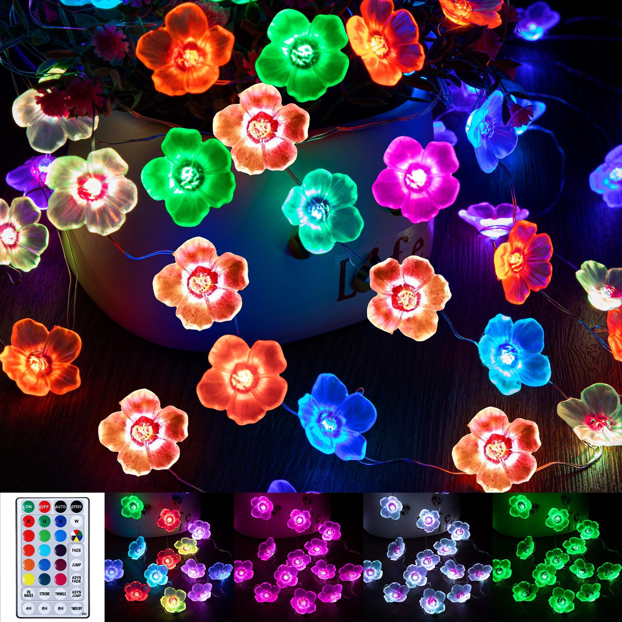 Mudder 16 Colors Cherry Blossom Decor Flower String Lights, Fairy Pink Light String with Timer 13 ft 40 LEDs USB Battery Operate