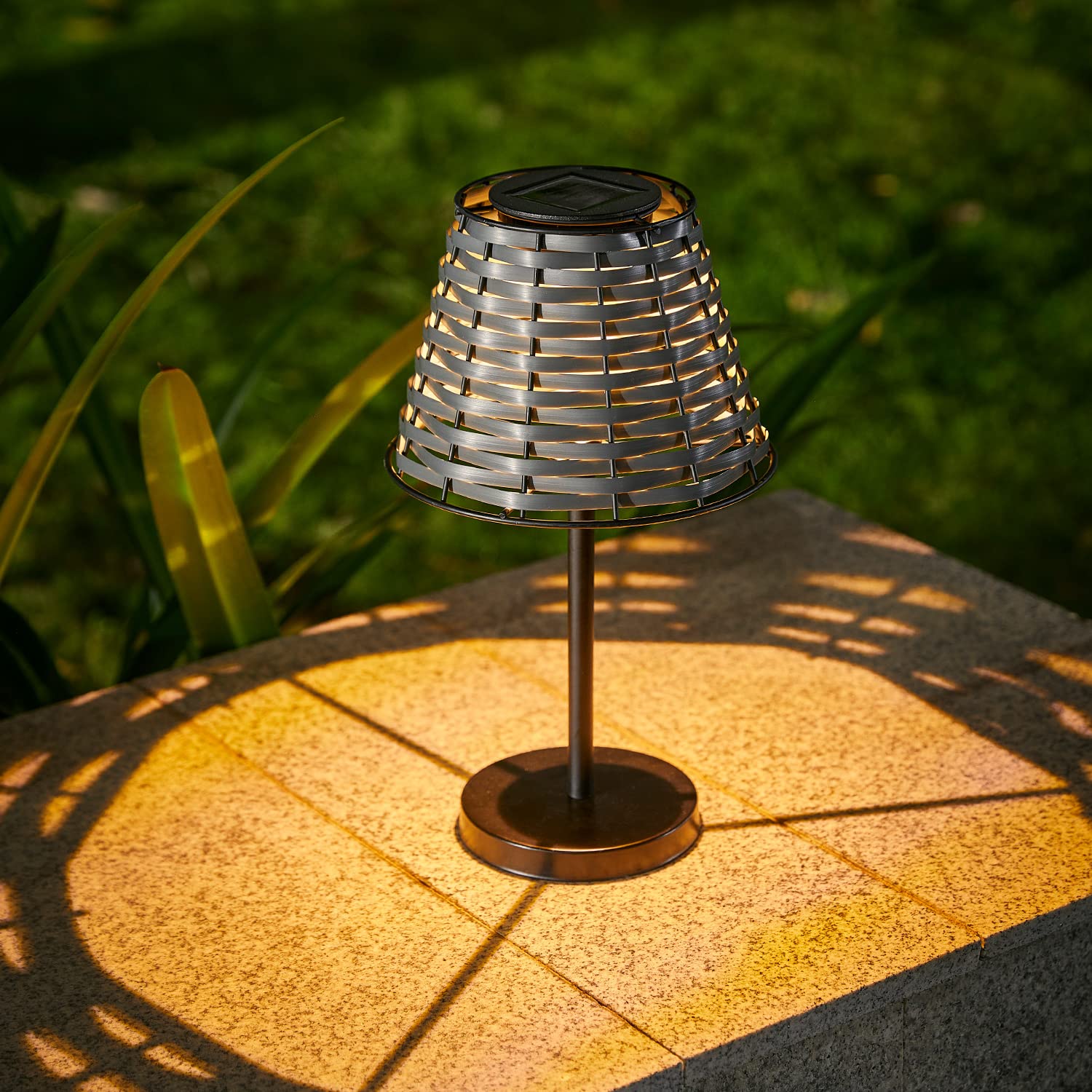 Shumi Solar Table Lamp - Waterproof Vintage Metal Base, Rattan Shell, Minimalist Design For Patio & Indoor