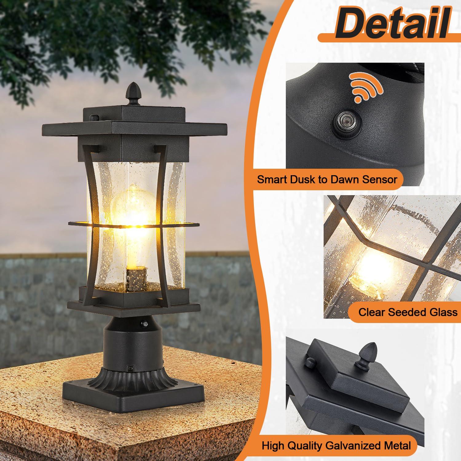EERU Outdoor Post Light Fixture, Waterproof, Black, Large, Glass, Dusk to Dawn Sensor, Pier Mount Adapter