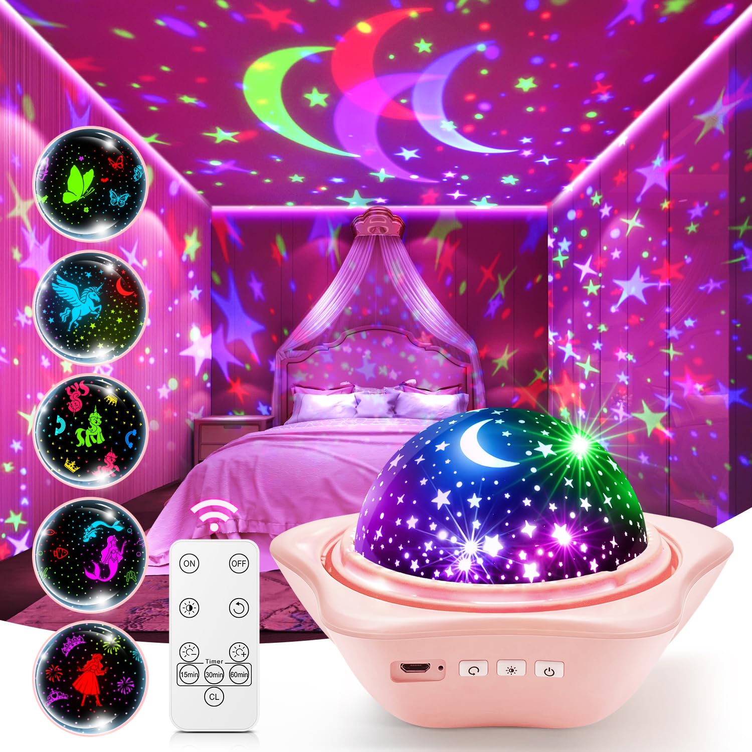 Pikoy Night Light For Kids  90 Modes+6 Films+Dimmer+Timer+Remote Kids Night Light Projector  Rechargeable Built-In Battery+360 Silent Rotation Butterfly/Princess/Mermaid Room Decor Girl Toys/Gifts