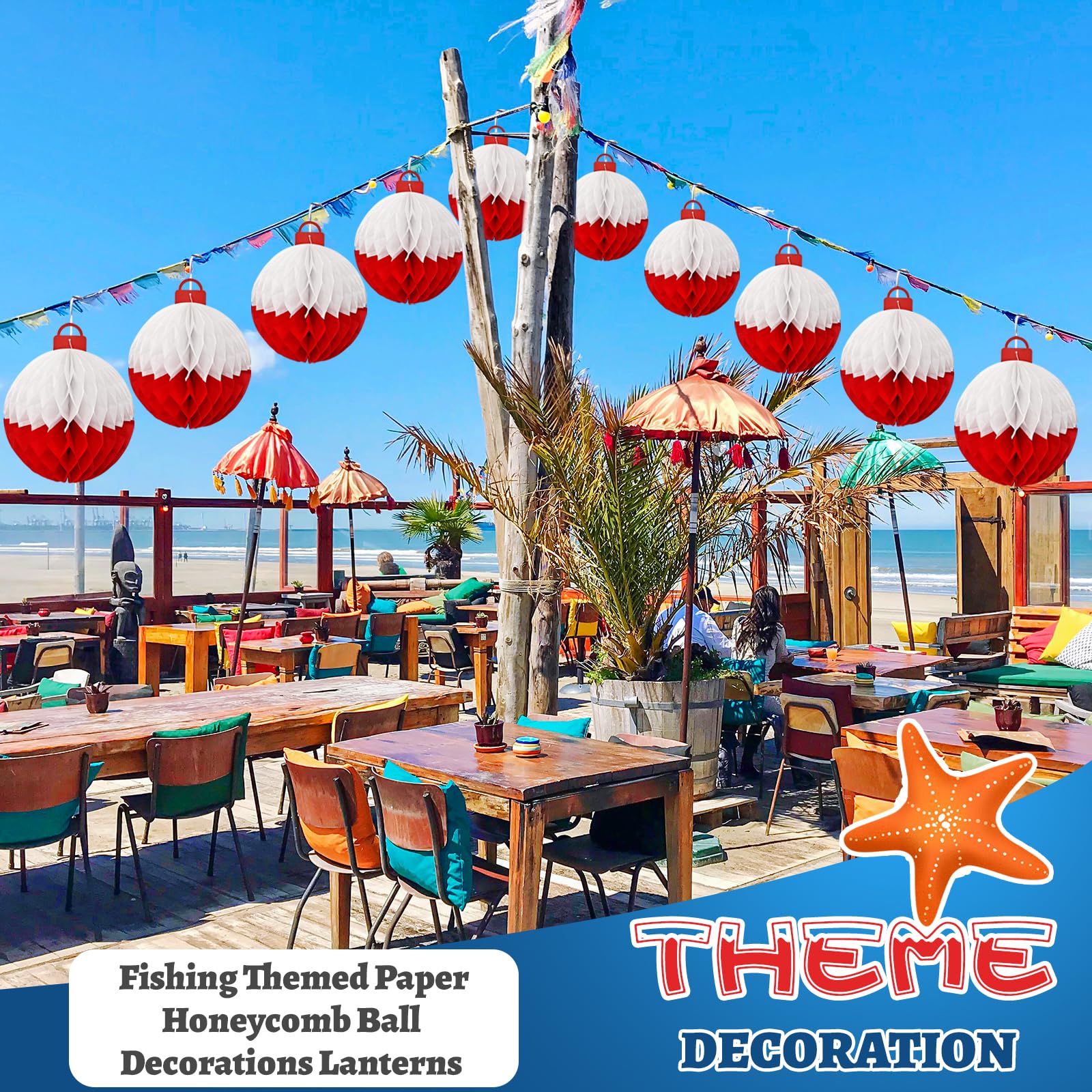 12Pcs Fishing Themed Paper Honeycomb Ball Decorations Lanterns, Red & White For Fishing Party, Birthday, Fishermen Themed, Table
