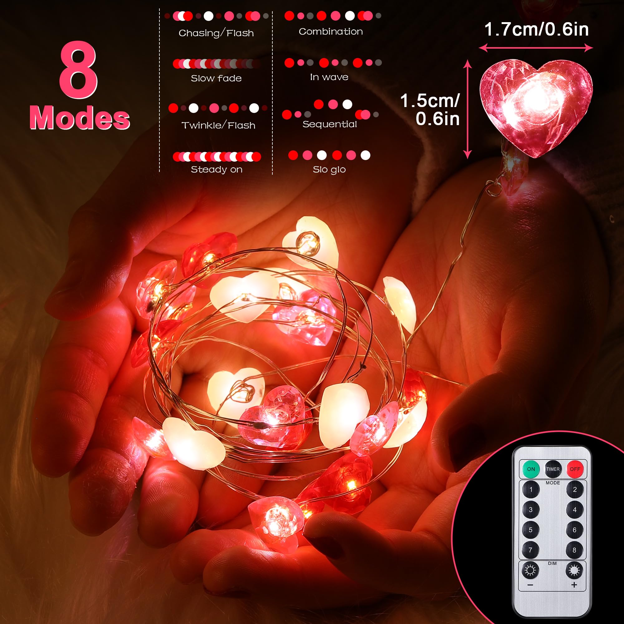 Hiboom Fairy String Lights 10ft LED Heart Shaped Red Pink White, Battery Operated, 8 Modes, Timer, Indoor Decor for Valentine's Day
