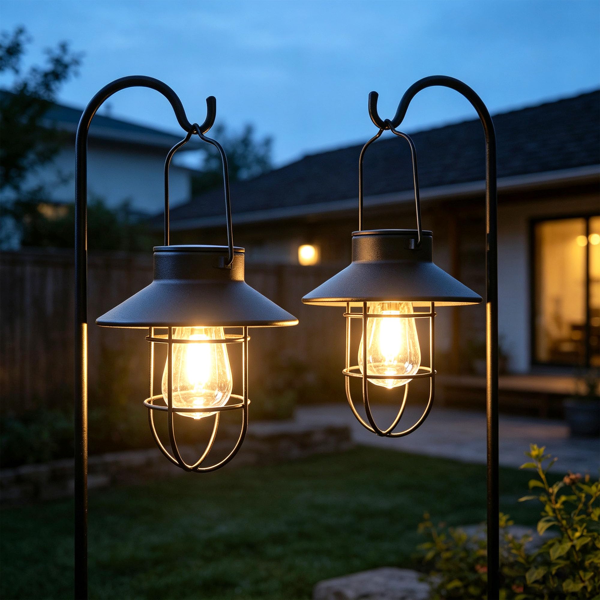2 Pack Solar Lanterns ,Outdoor Waterproof Solar Lamp with Shepherd Hook, Metal Edison Bulb Lights Gifts for Gifts for Women/Mom 