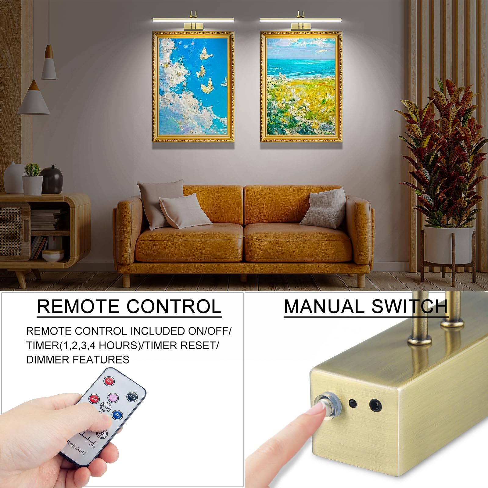 RAIFOOLLY Picture Light,16in Wireless Battery Wall Lighting,2 Colors Remote Art Lights for Paintings with Timer and Dimmable for