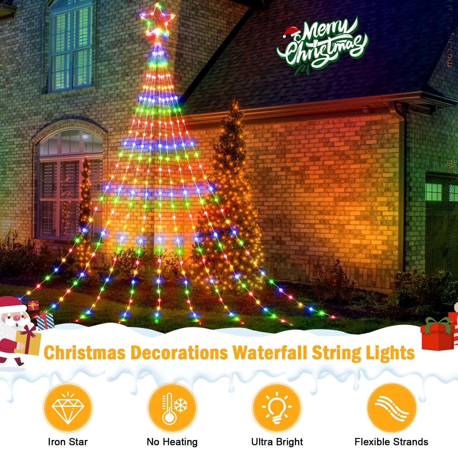 Christmas Decorations Star String Lights - 660 Led 24Ft 9 Strands Waterfall Tree Lights With Topper Star, 8 Lighting Modes Multi
