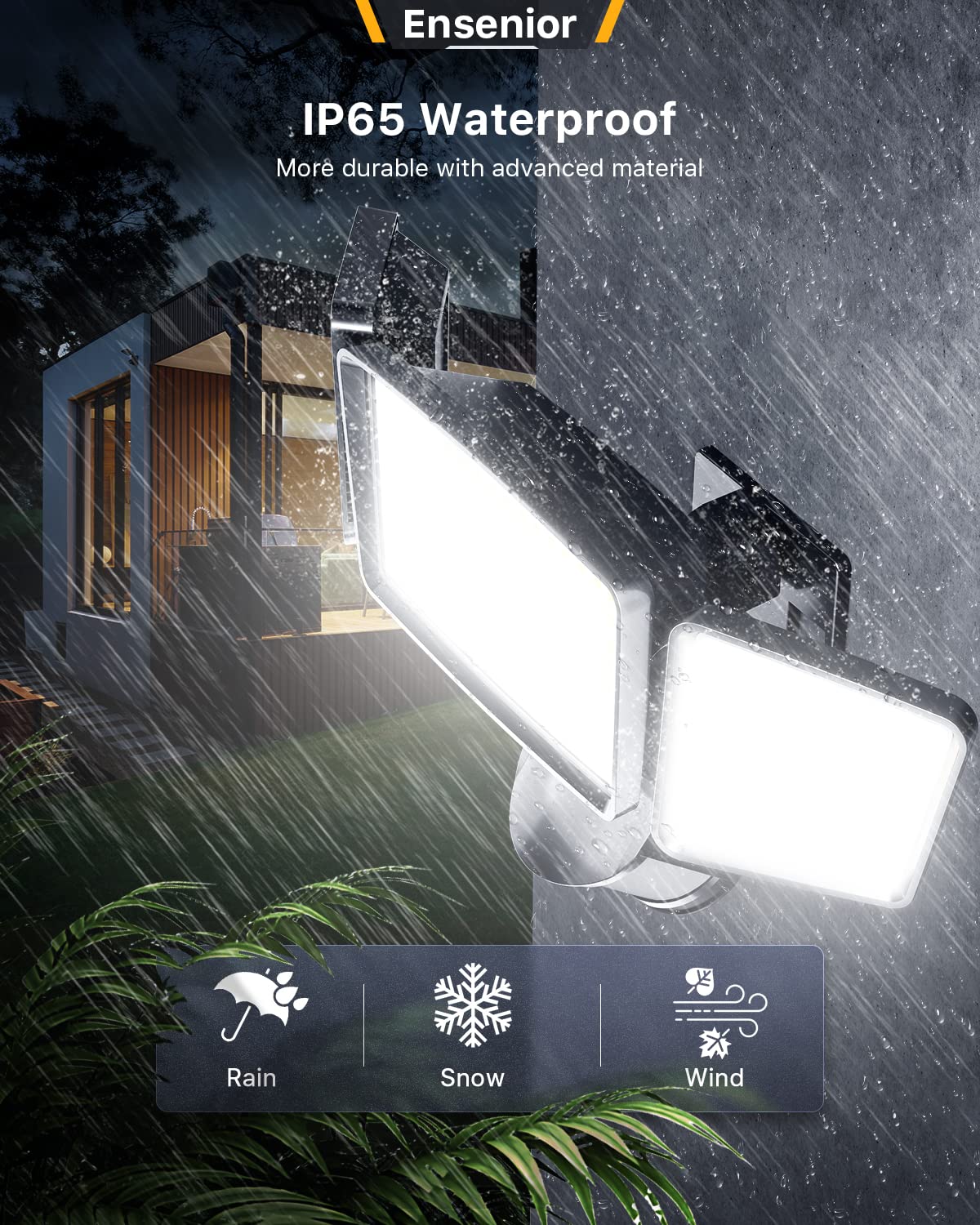 Ensenior Solar Flood Lights, Motion Sensor, 1800LM, IP65 Waterproof, 2 Pack, Black, Model AQ1-10I-60K-02-BL-M01