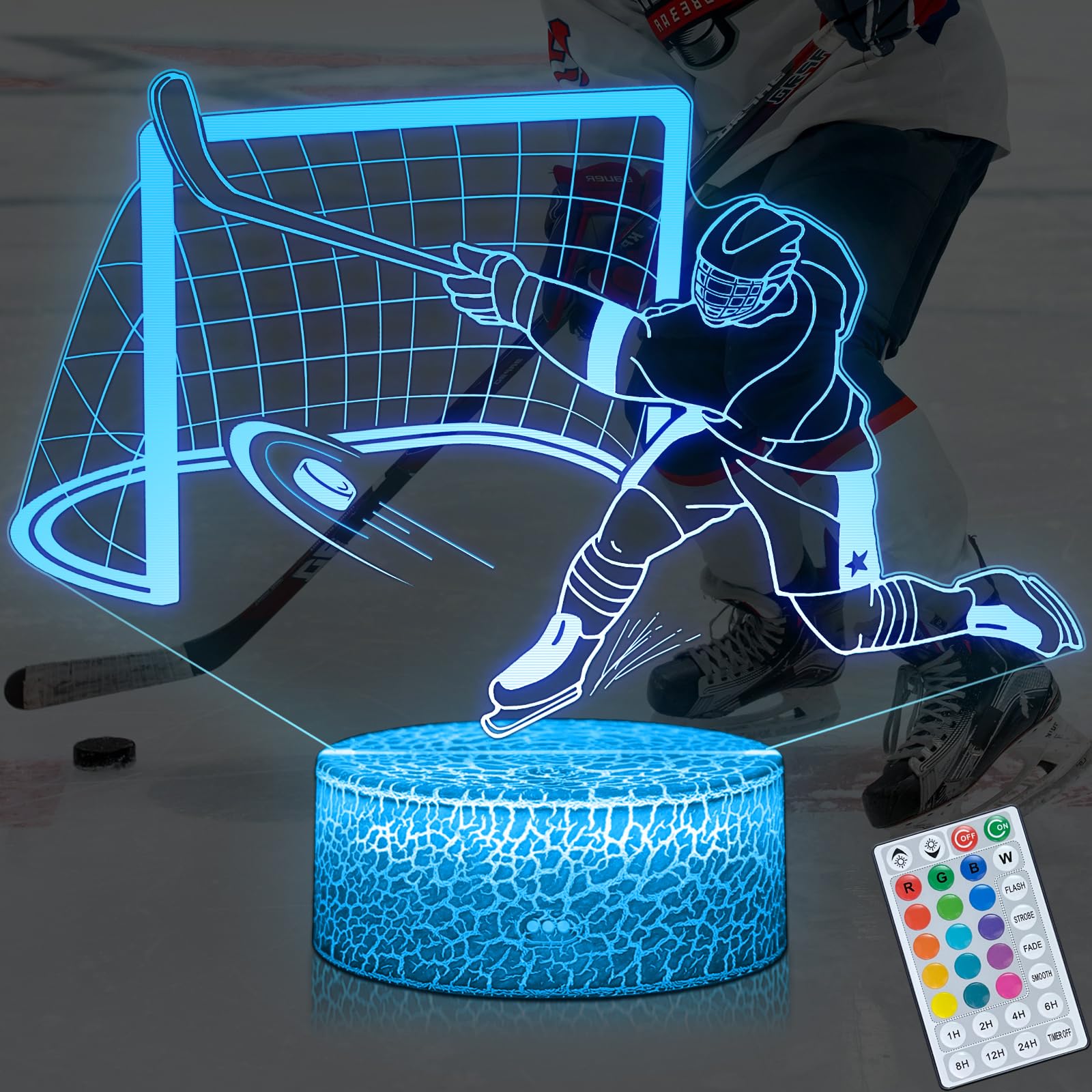 DAHEYMA 3D Ice Hockey Light Illusion, 16 Colors LED Night Light - Touch and Remote Control, Timer Tpye-C Dimmable Hockey Lamp, R