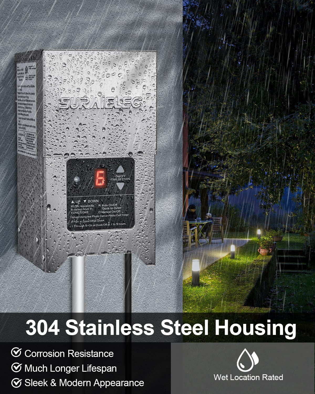 SURAIELEC Low Voltage Landscape Transformer 300W, 120V to 12V AC, Waterproof, Stainless Steel, ETL Listed, Model ULTL30E, Silver
