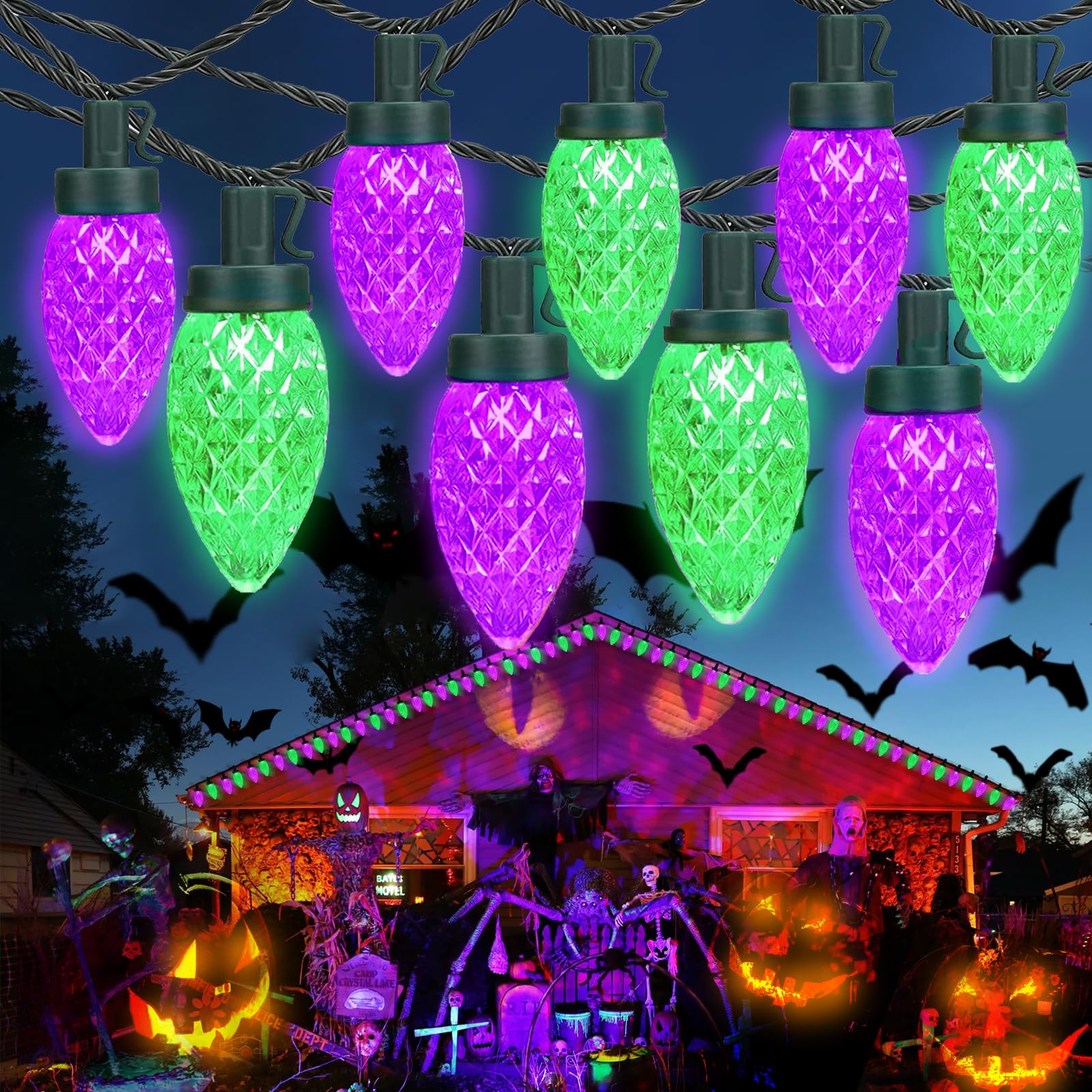 Purple and Green C9 Outdoor Halloween Decorations, 2PK Extendable 100 LED 98ft Waterproof C9 LED Halloween Lights Indoor Outdoor