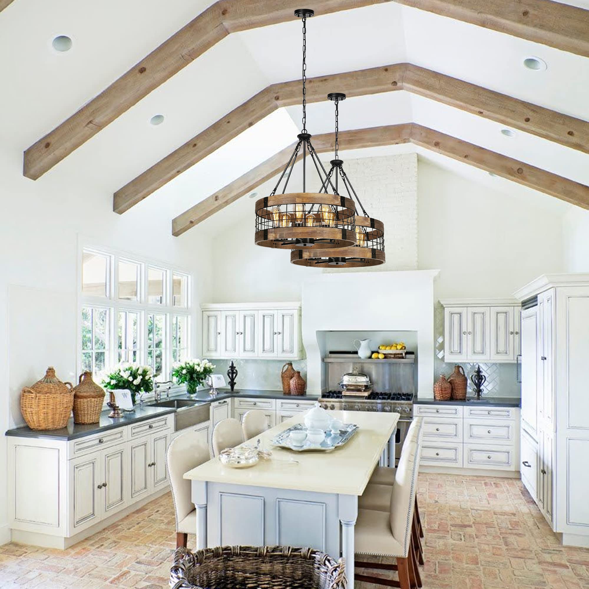 Acnktz 6-Light Farmhouse Chandelier For Entryway, Rustic Dining Room Light Fixtures, Industrial Drum Hanging Lighting For Kitche
