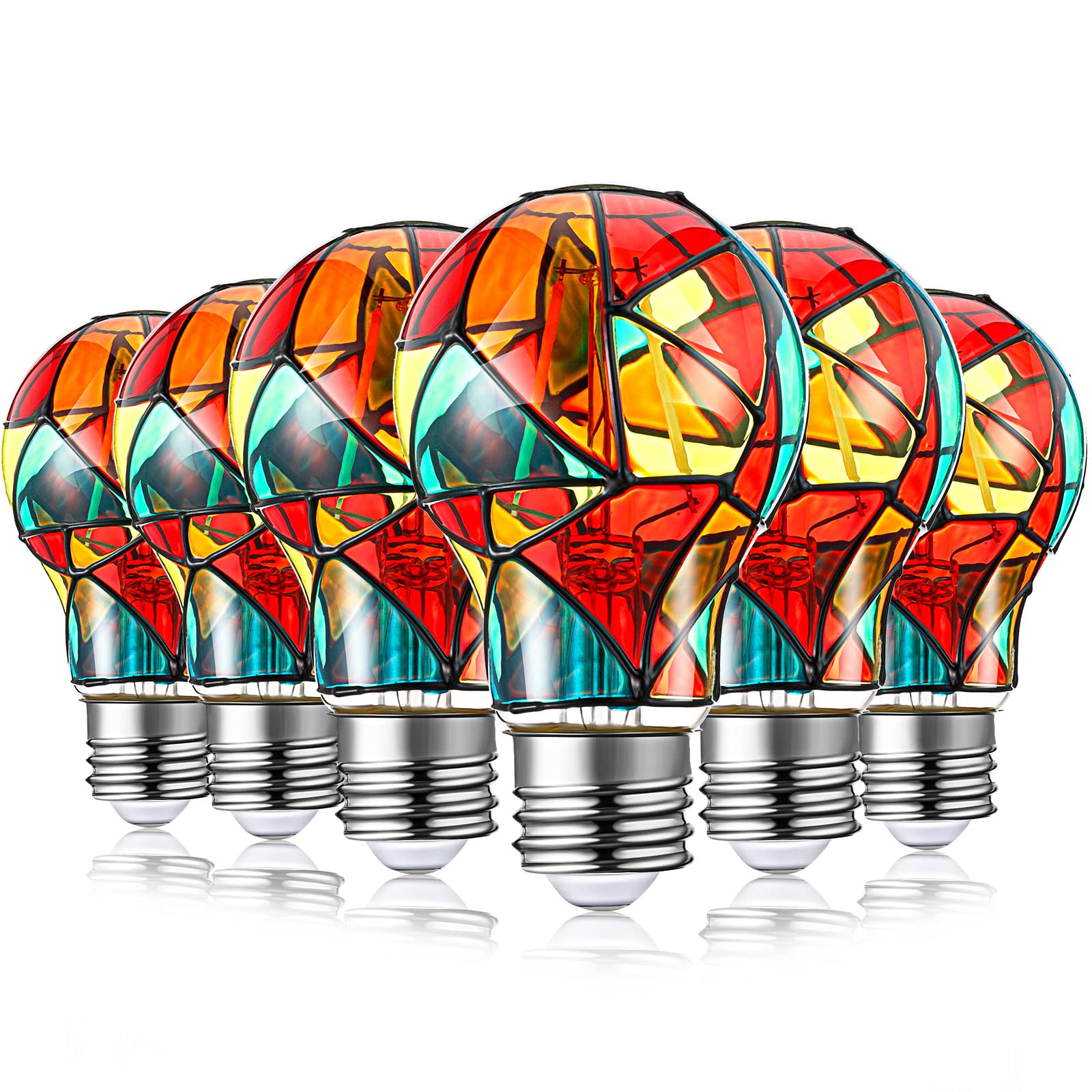 Tarpop 6 Pack Stained Glass Light Bulbs A19 2w (25w Equivalent) E26 Base Rainbow Painted Lightbulb LED Mosaic Stained Glass Ligh