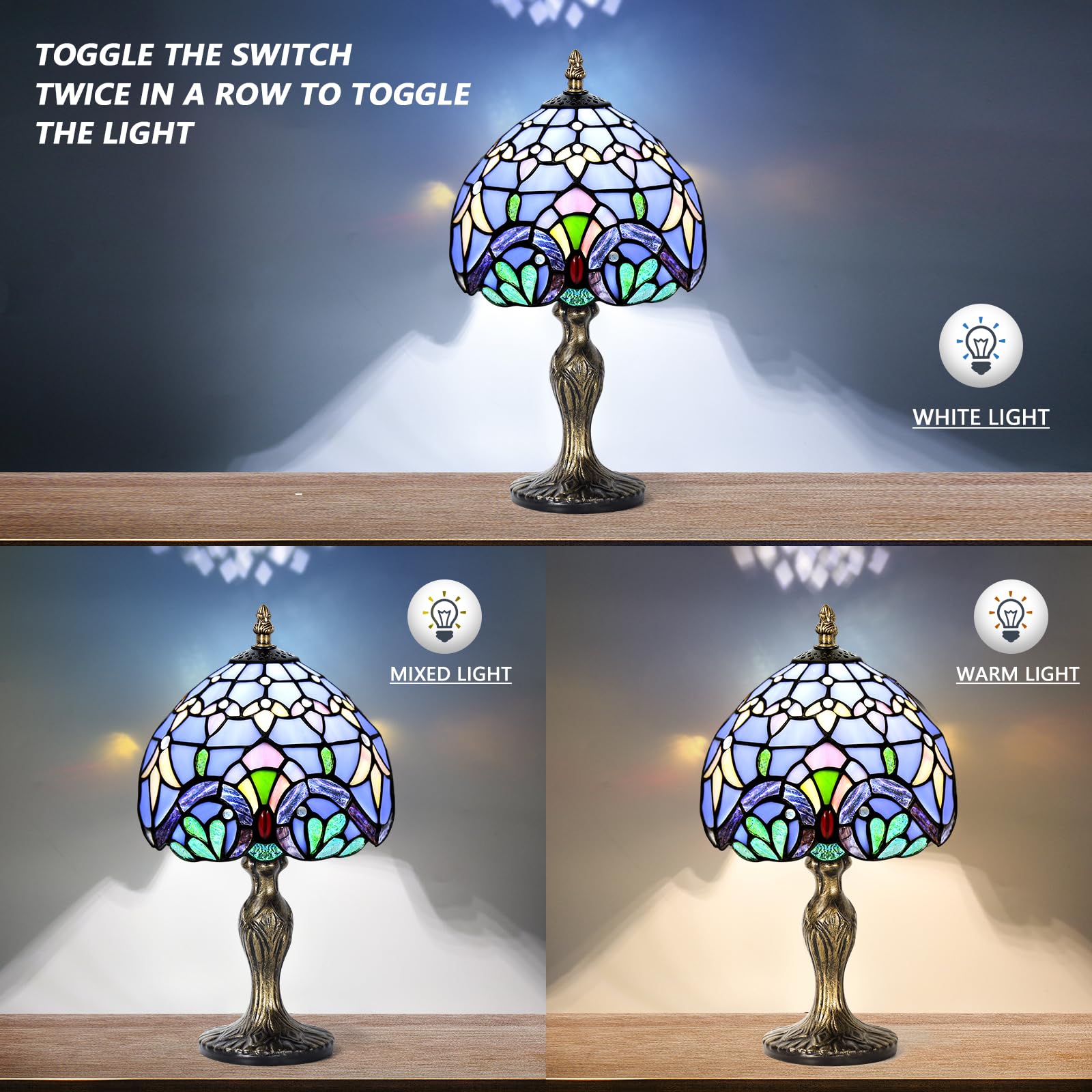 MIAOKE Stained Glass Table Lamp, Blue Baroque, Handmade Night Light, Model DFNLSBLK