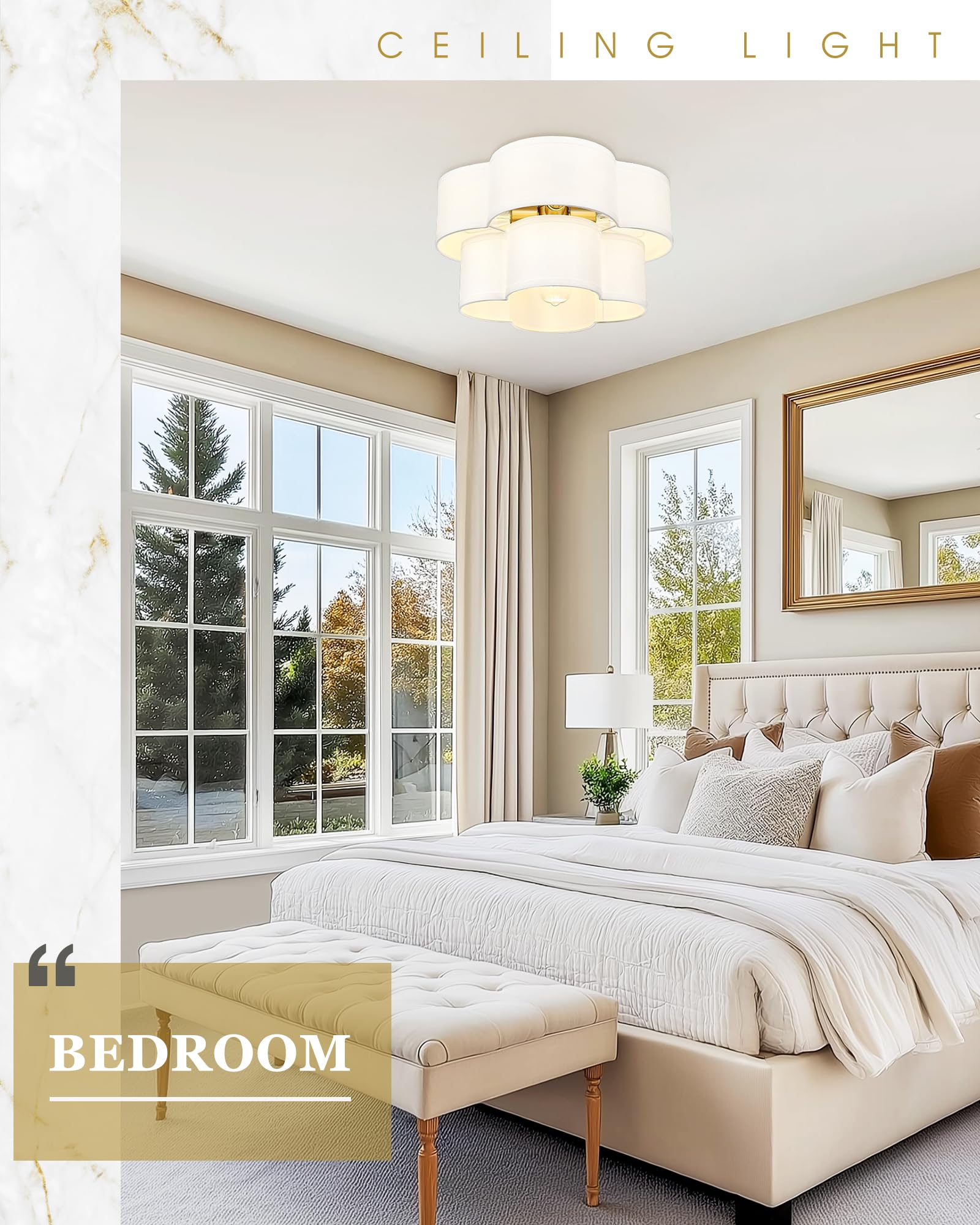 Audickic Gold Semi Flush Mount Ceiling Light, 5-Light 18'' Ceiling Light Fixtures With Double Fabric Drum Shade In Quatrefoil Sh