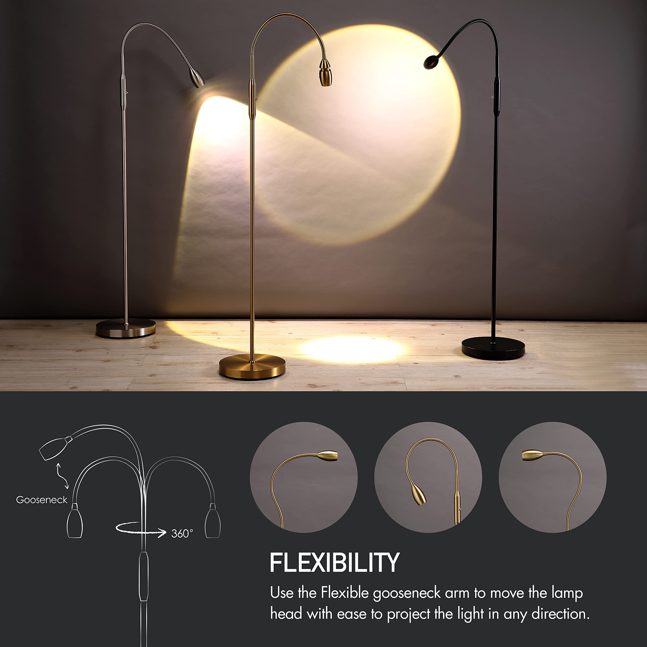 O'Bright Adjustable LED Beam Floor Lamp, Dimmable Spotlight, Flexible Gooseneck, Antique Brass, Model OB-FL15M