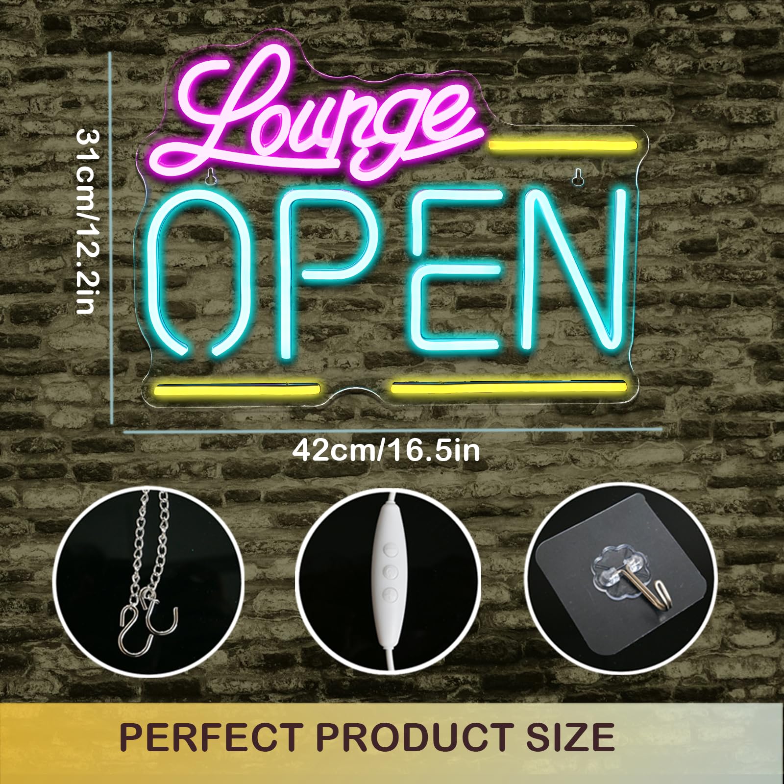 Wanxing Lounge Open Neon Sign, Bright LED Light, Dimmable, USB Powered, 16.5in  x 12.2in , Colorful Acrylic