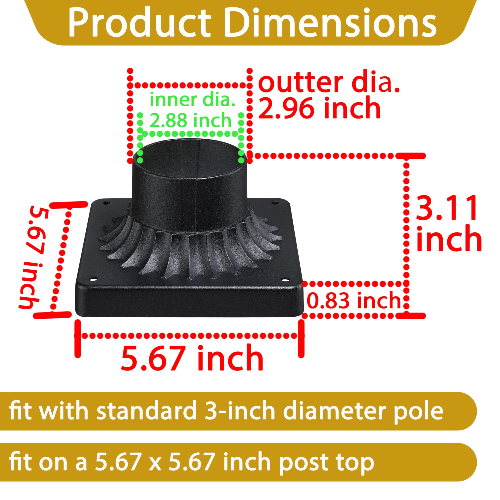 Faymart Lighting Black Pier Mount Adapter-Outdoor Post Light Mounting Base For 3 Pole  5.67X5.67 Post Cap Adapter Aluminum Alloy Pillar Light Fixture Mounts Matte Black