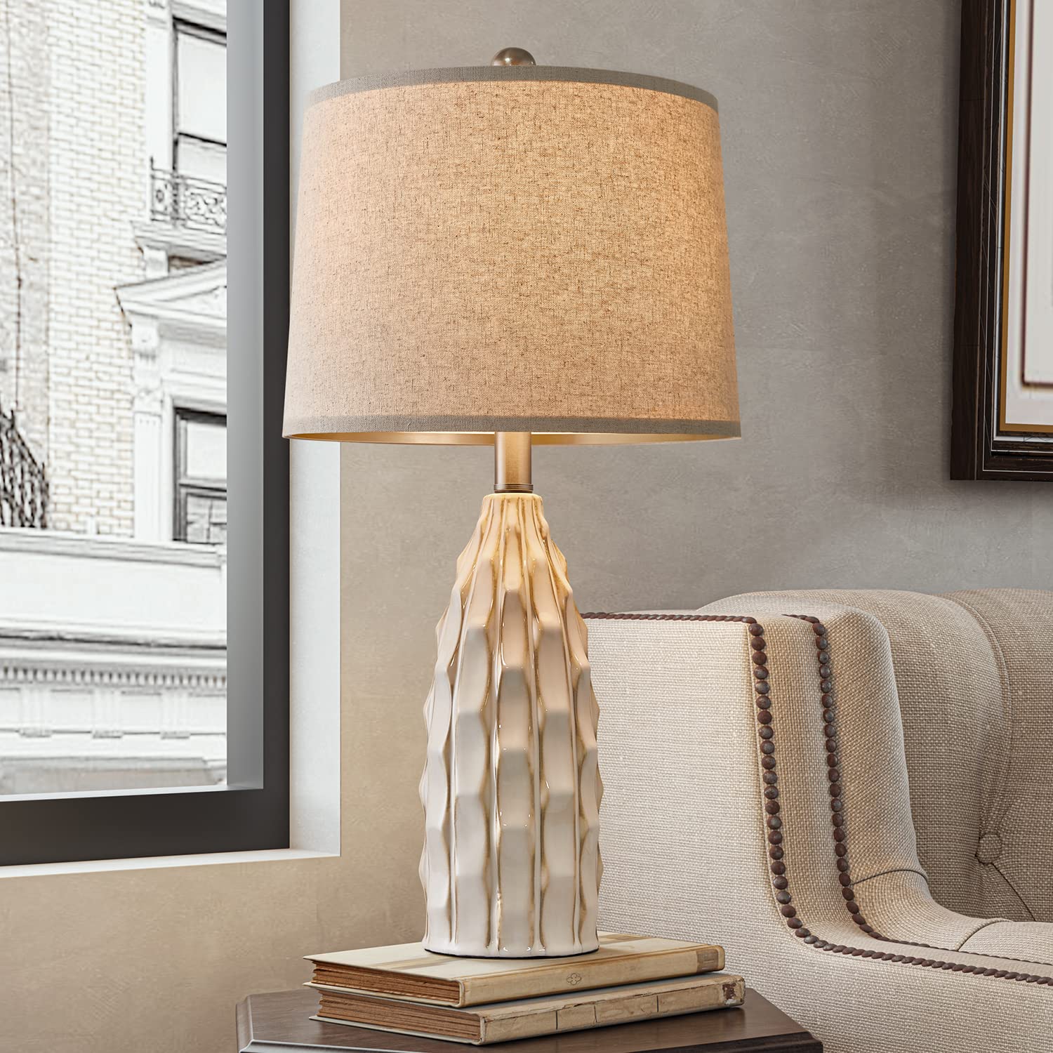 USumkky Ceramic Table Lamps Set of 2, 23.75-inch Cream Bedside Lighting for Living Room and Farmhouse Nightstands, Model YM-AMZ-T1090CR-A