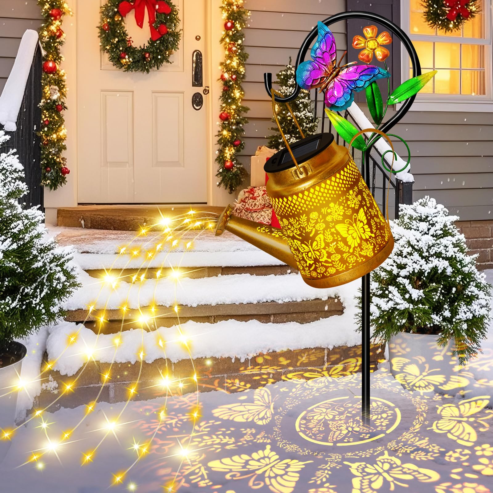 Solar Watering Can Lights Outdoor Garden Decor, Large Hanging Owl Lantern with Shepherd Hook, Waterproof Garden Lights for Outdo