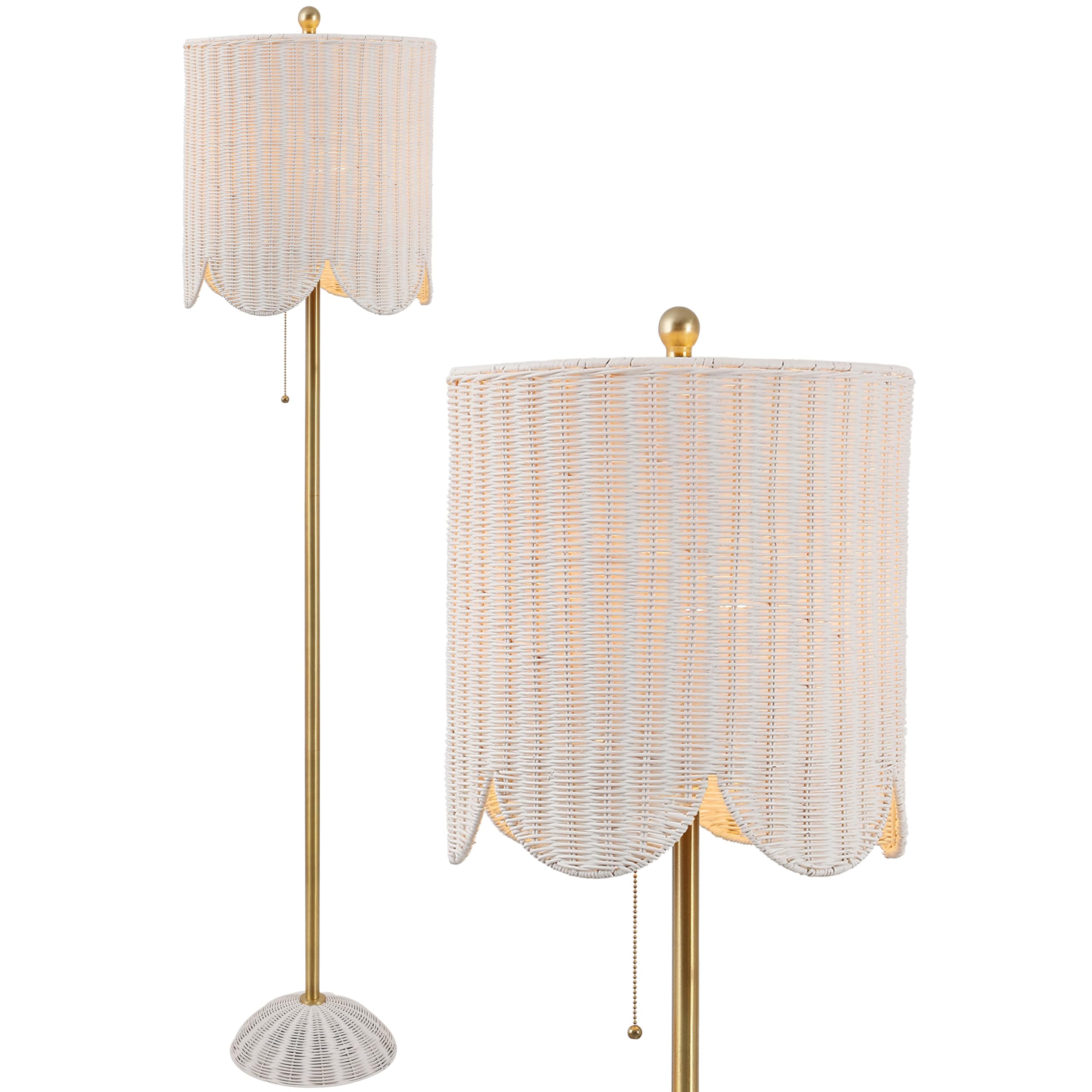 JONATHAN Y 63.5 White/Brass Gold LED Floor Lamp for Living Room Bedroom with Scalloped Rattan Shade, Coastal Bohemian Tall Stand